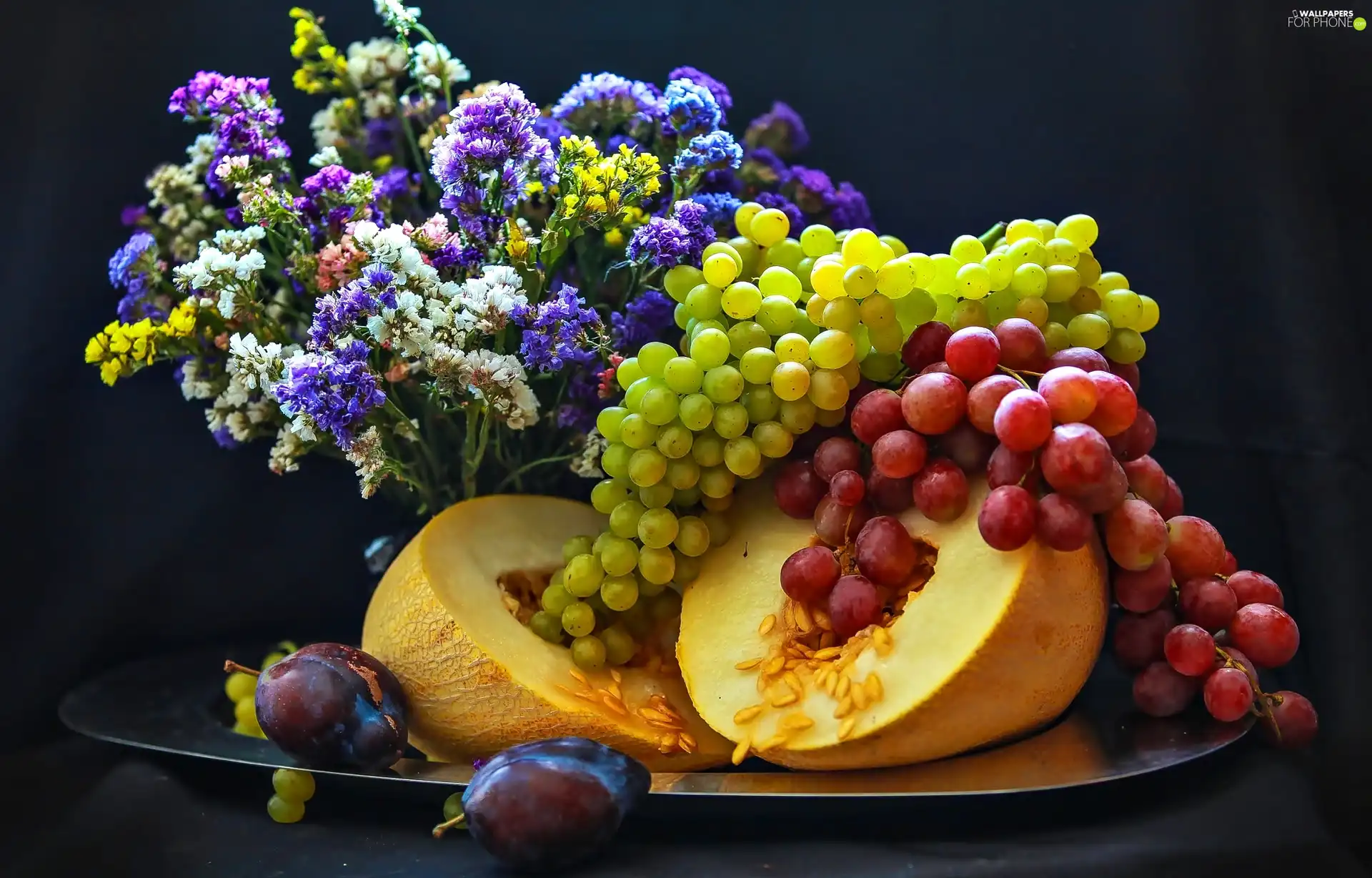 Bouquet of Flowers, composition, Grapes, plums, melon