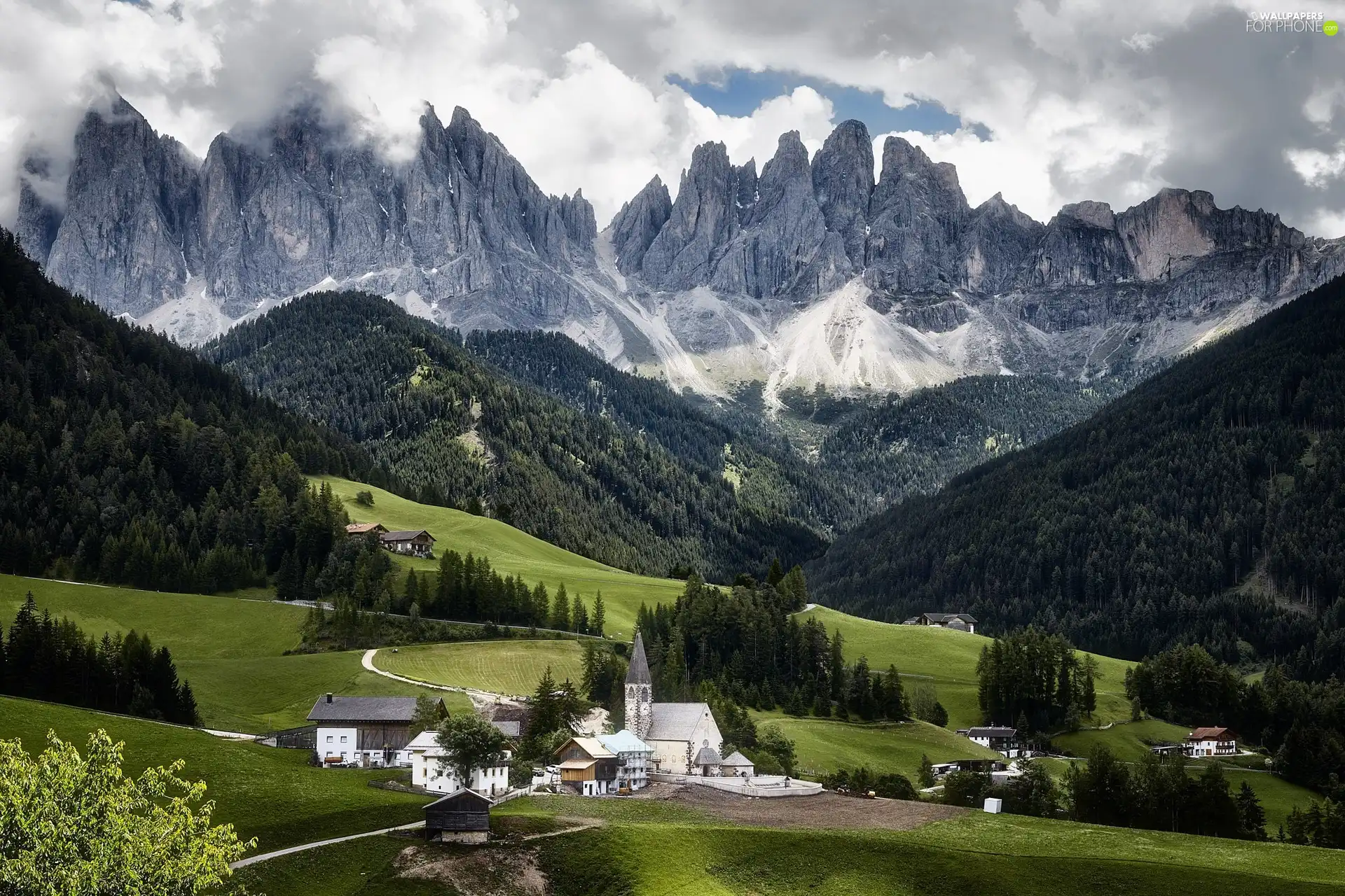 Italy, Val di Funes Valley, Mountains, Dolomites, Church, Village of Santa Maddalena