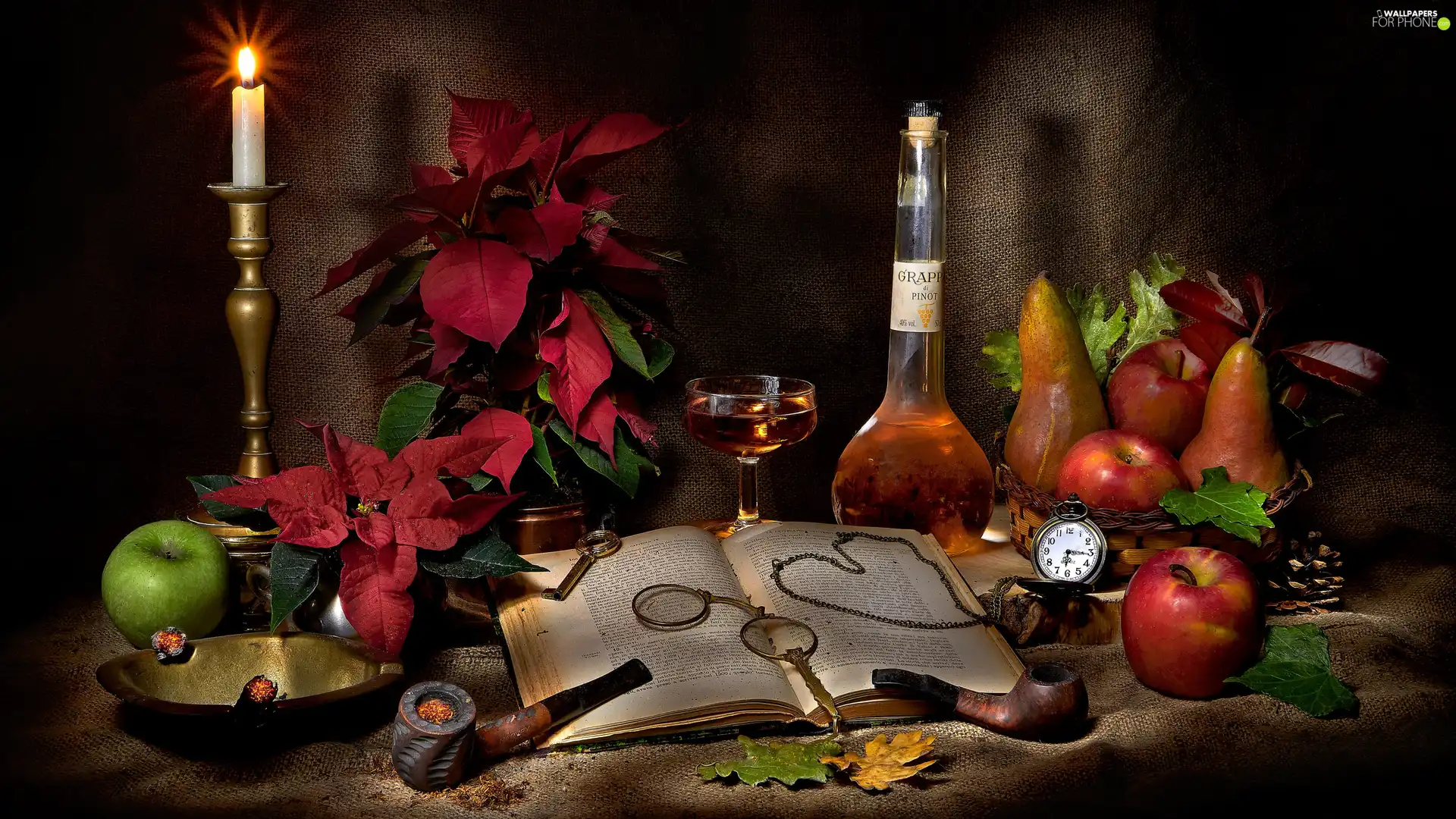 pipe, candle, apples, Wine, truck concrete mixer, star of Bethlehem, Book, composition, Bottle, Watch