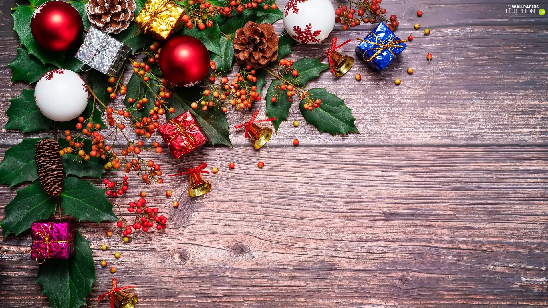 bells, gifts, Leaf, ornamentation, Christmas, cones, baubles
