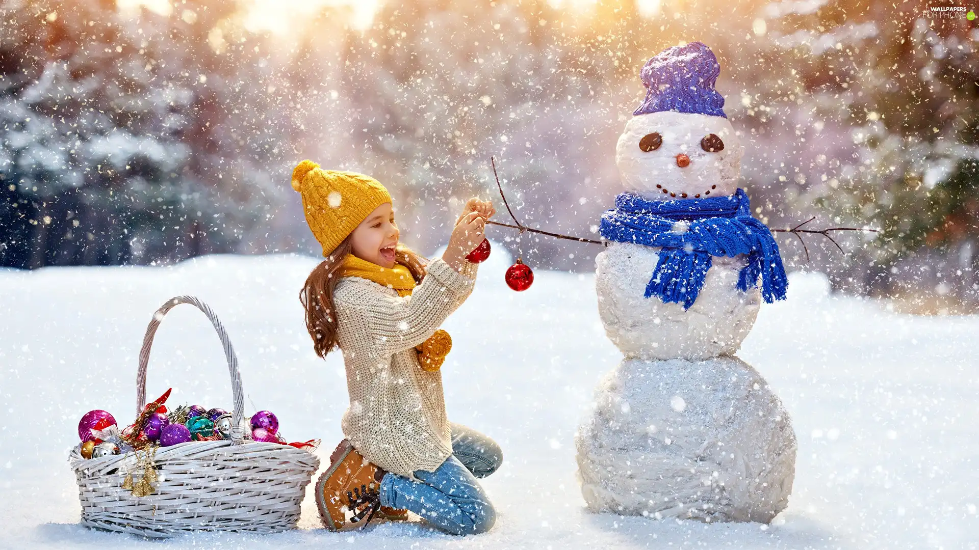 basket, ornamentation, winter, Snowman, girl