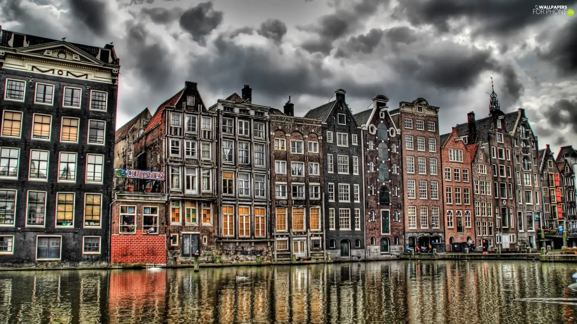 cloudy, Sky, houses, over a canal, Amsterdam