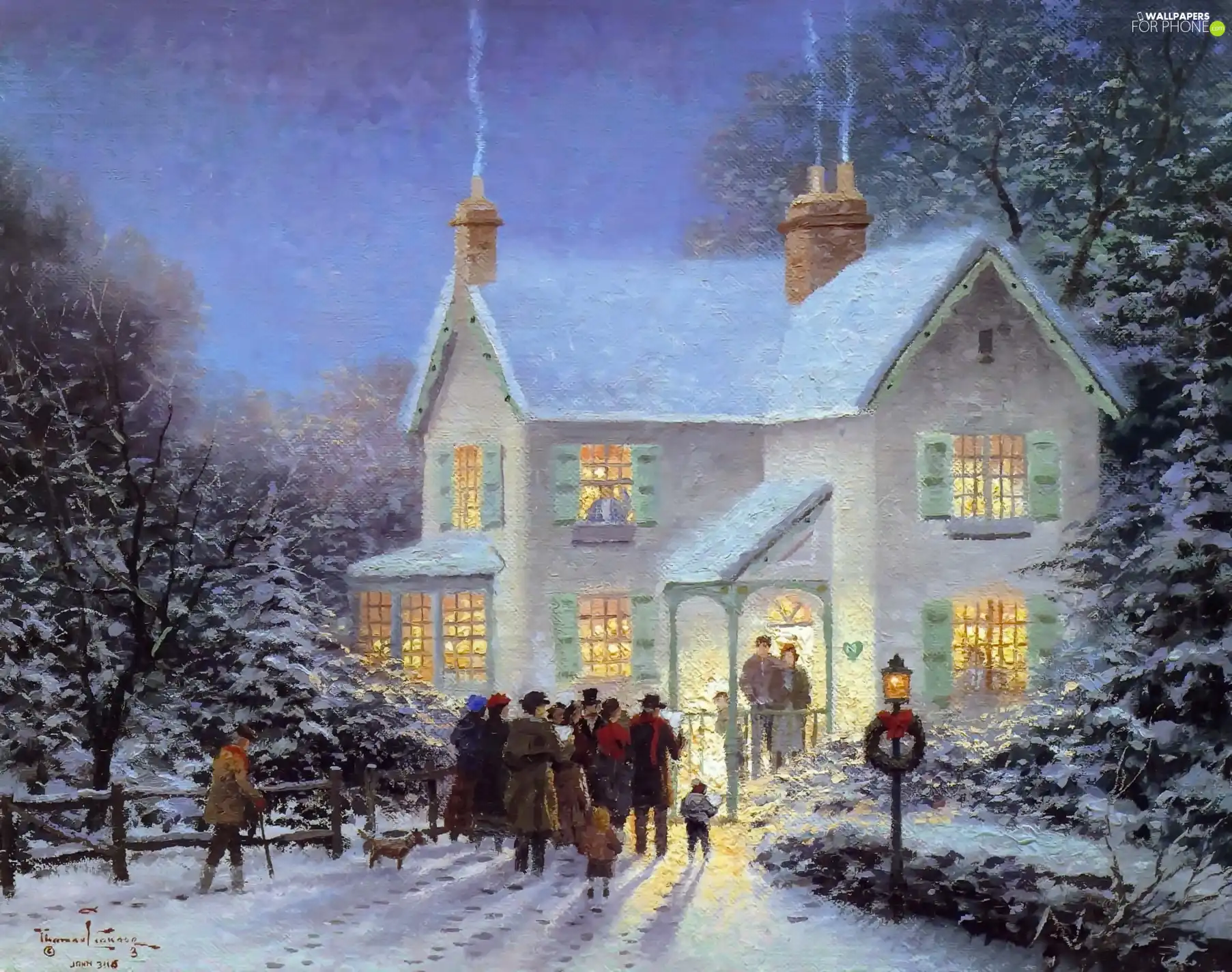 house, winter, painting, People