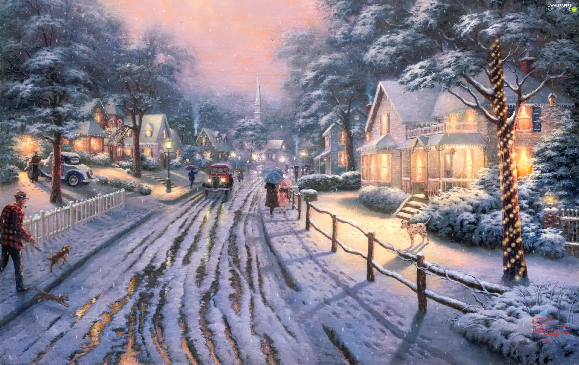 painting, Thomas Kinkade, Street, Town, winter