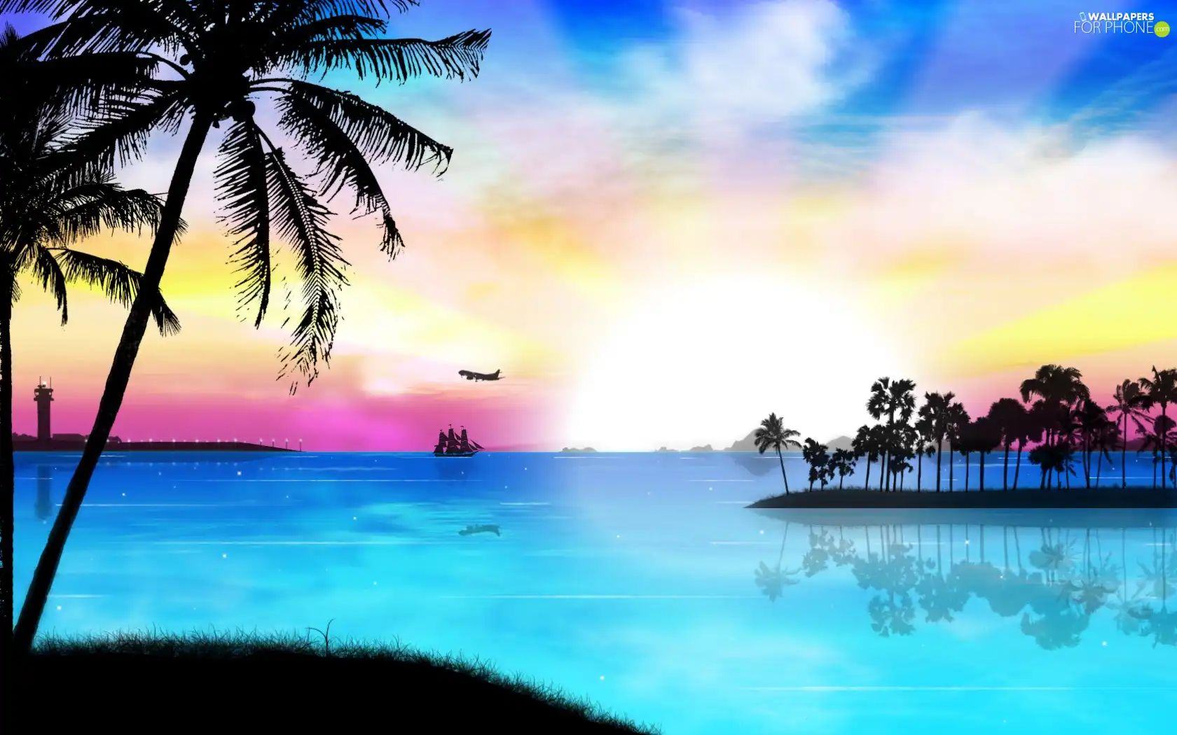 landscape, Ship, Palms, sea