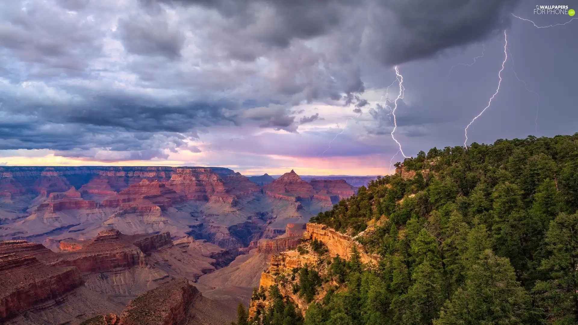 canyon, rocks, Grand Canyon, Grand Canyon National Park, Arizona, The United States, trees, viewes, thunderbolt