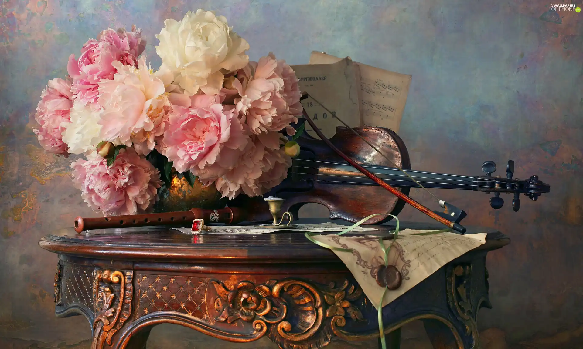 violin, Flowers, Tunes, Peonies, composition, flute, table