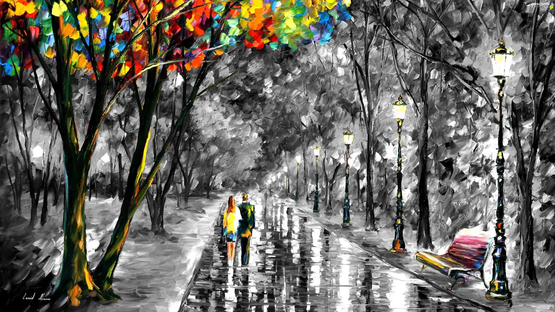 Park, Leonid Afremov, Bench, alley, painting, lanterns, People