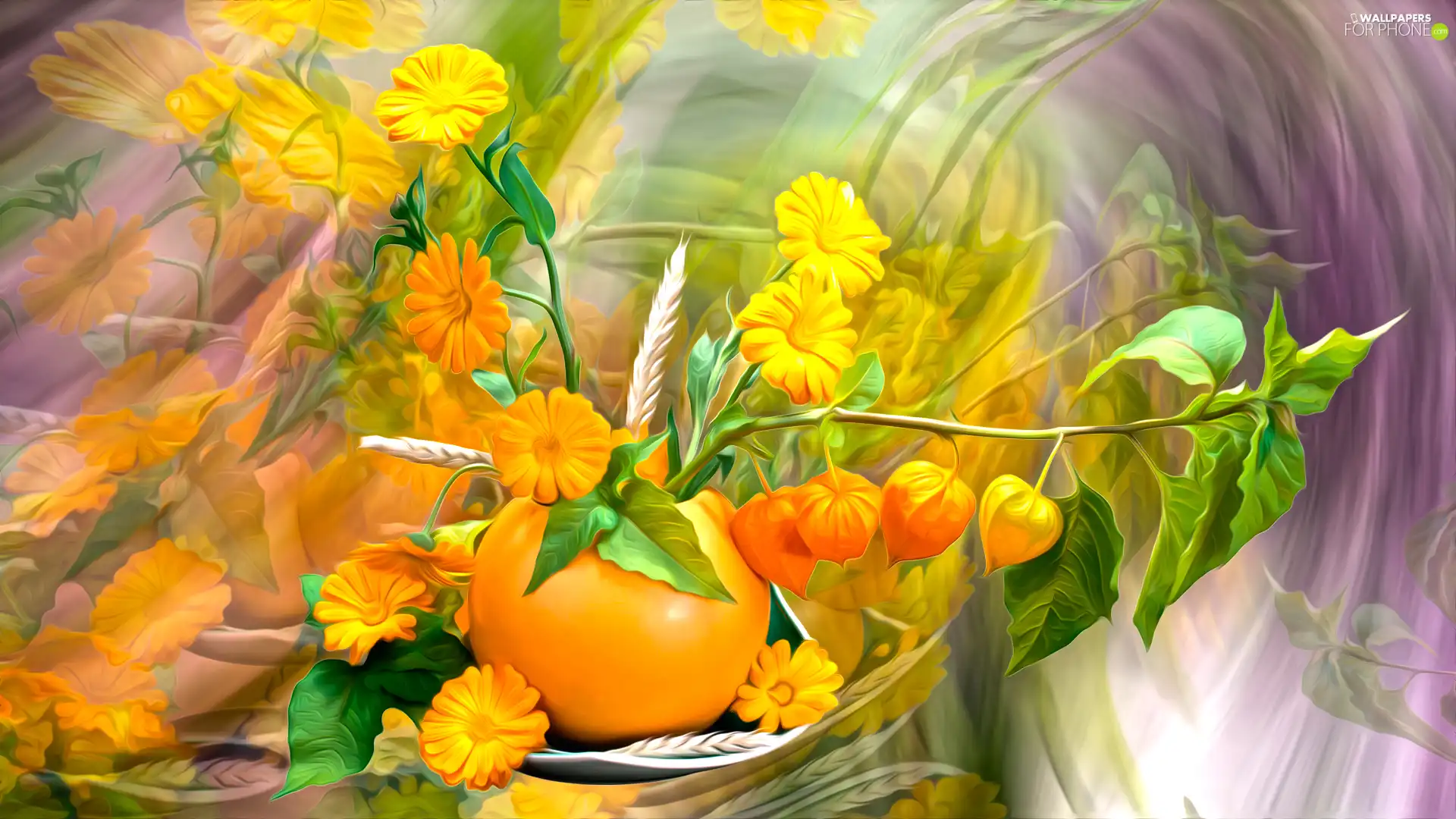 bouquet, Flowers, vase, physalis, Yellow, Leaf, graphics