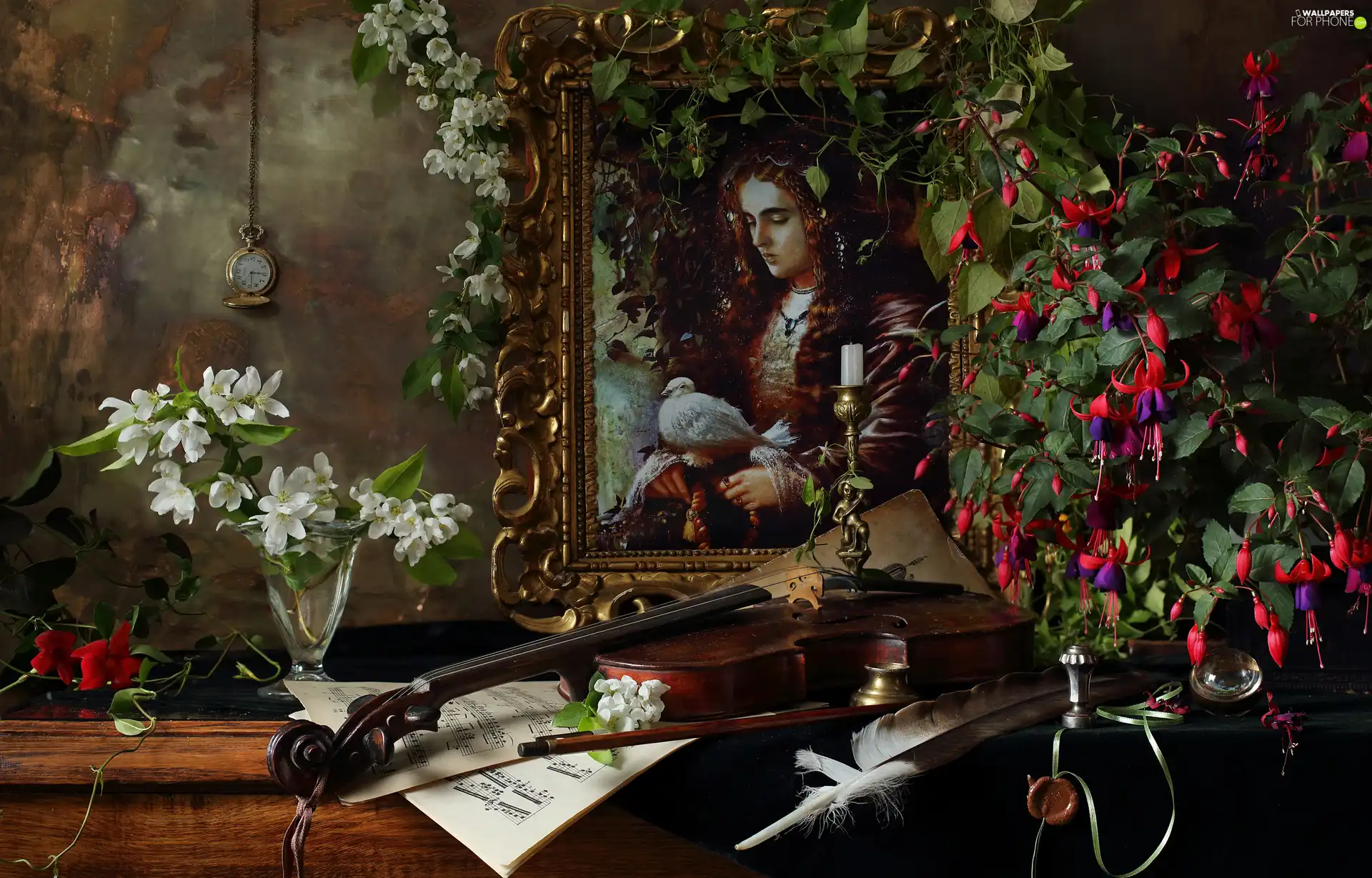 violin, fuchsia, Watch, picture, Flowers, pen, composition
