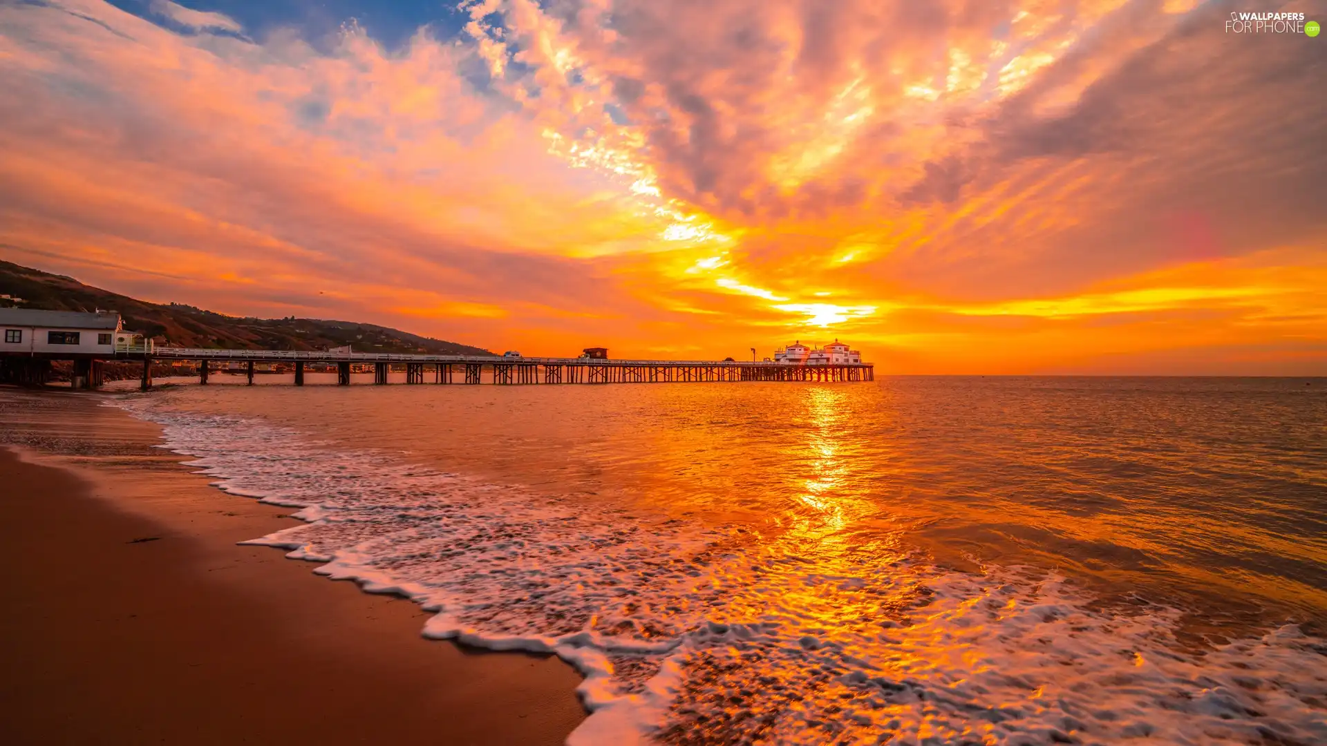 sea, pier, Great Sunsets, Beaches