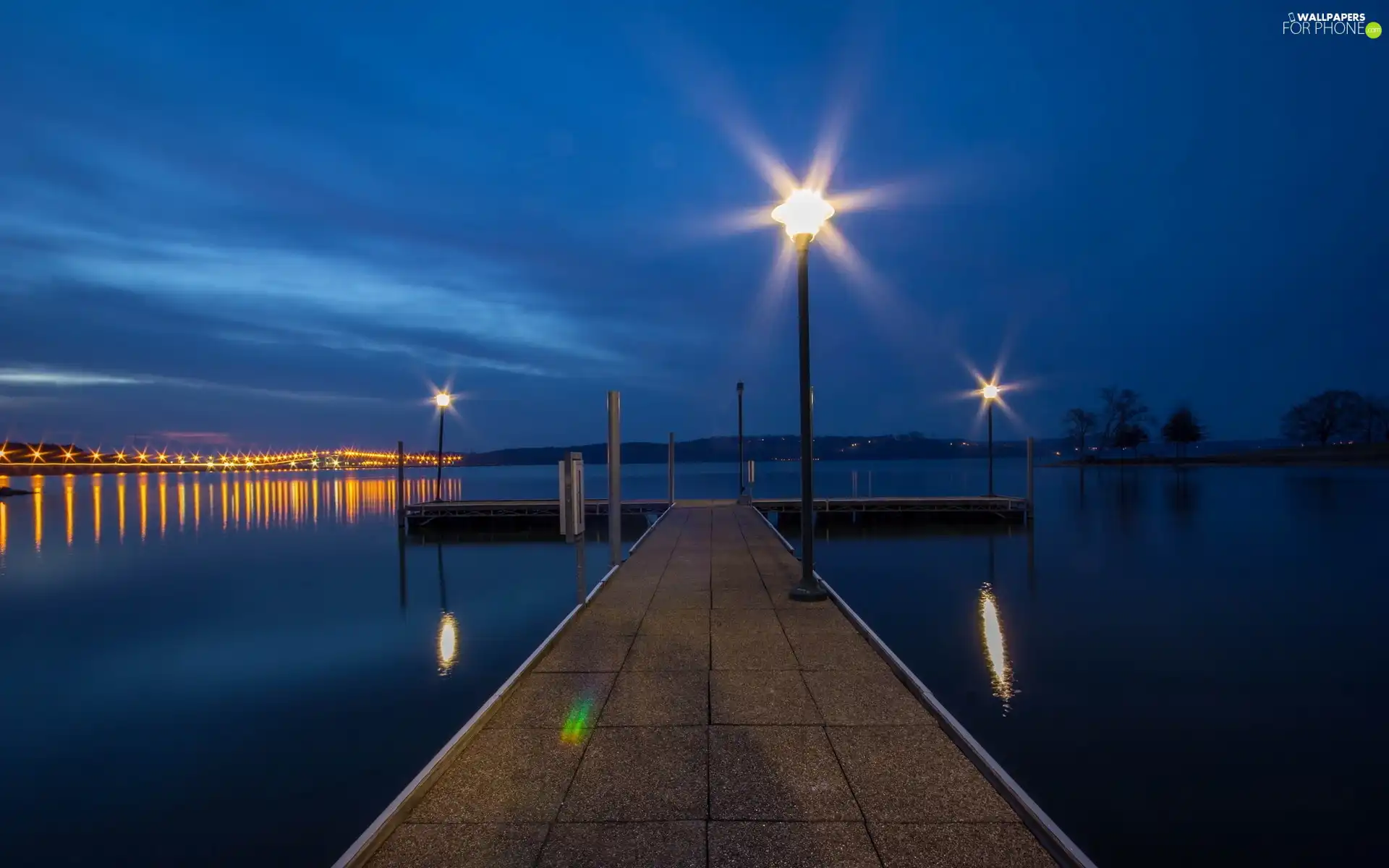 pier, lake, illuminated
