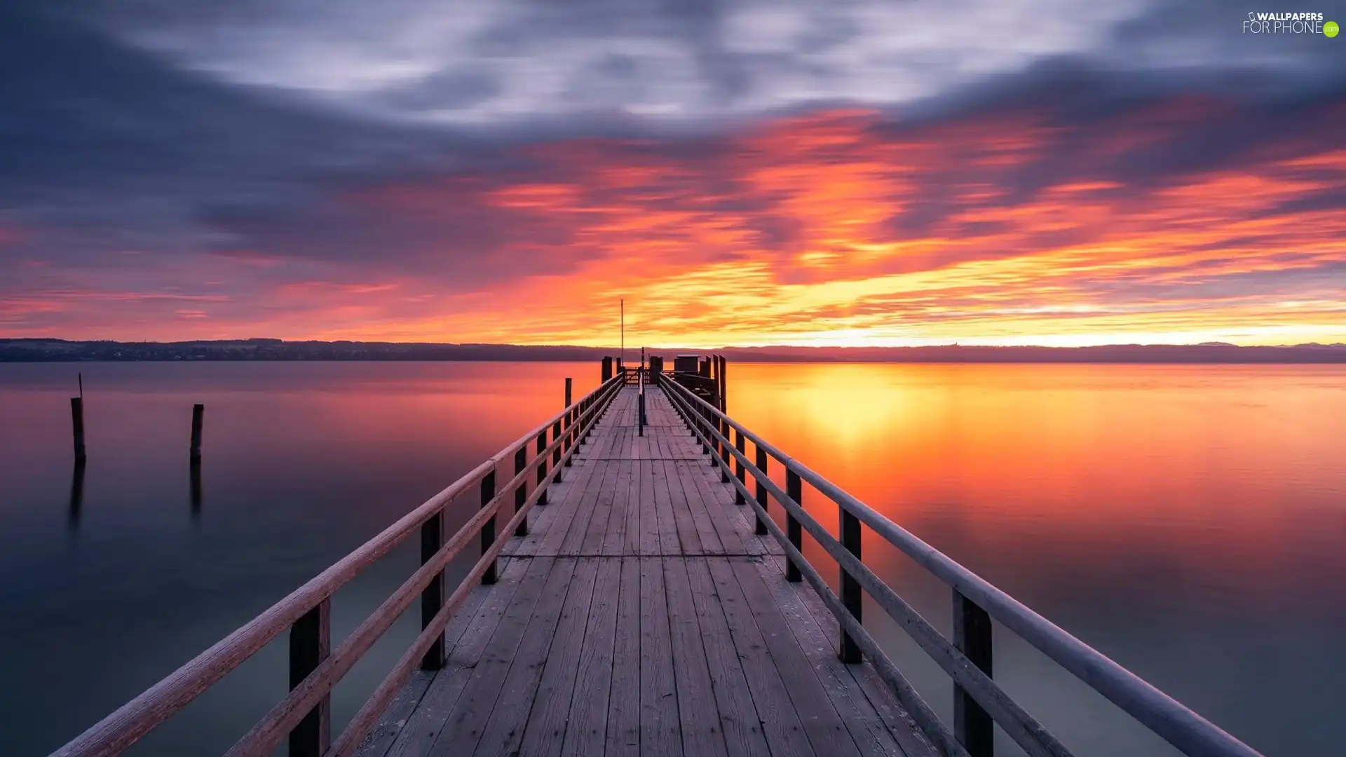 lake, Sunrise, clouds, pier