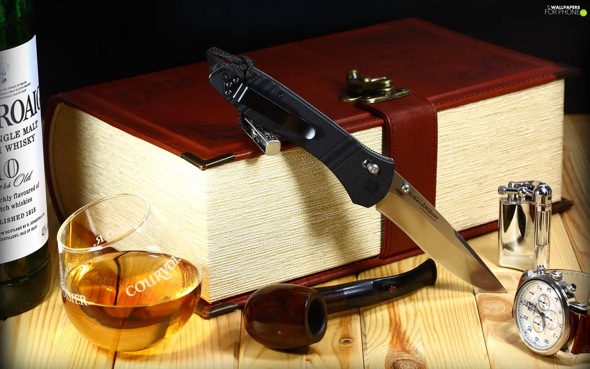 pipe, knife, A glass, book, Whisky