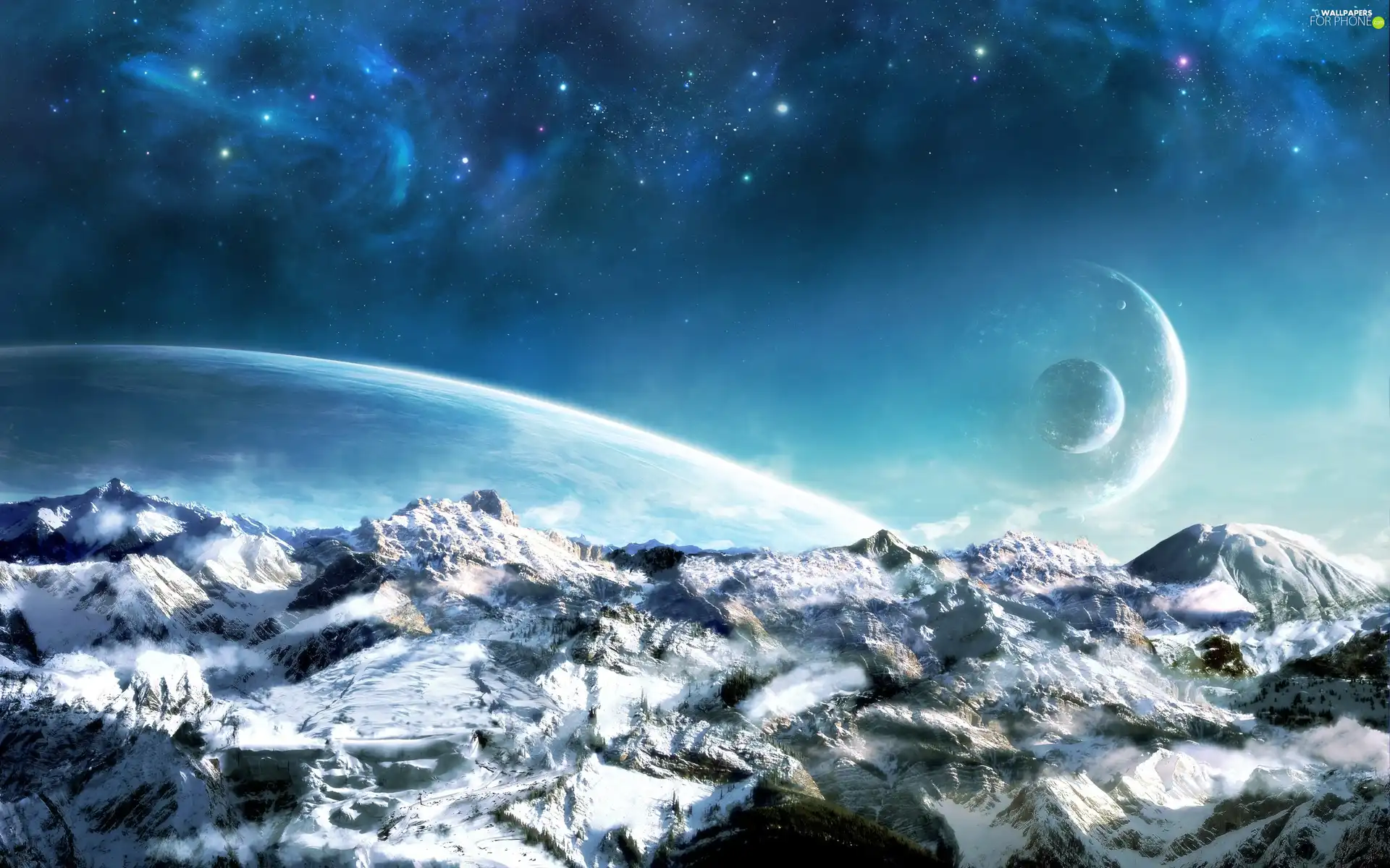 Mountains, star, Planets, Sky