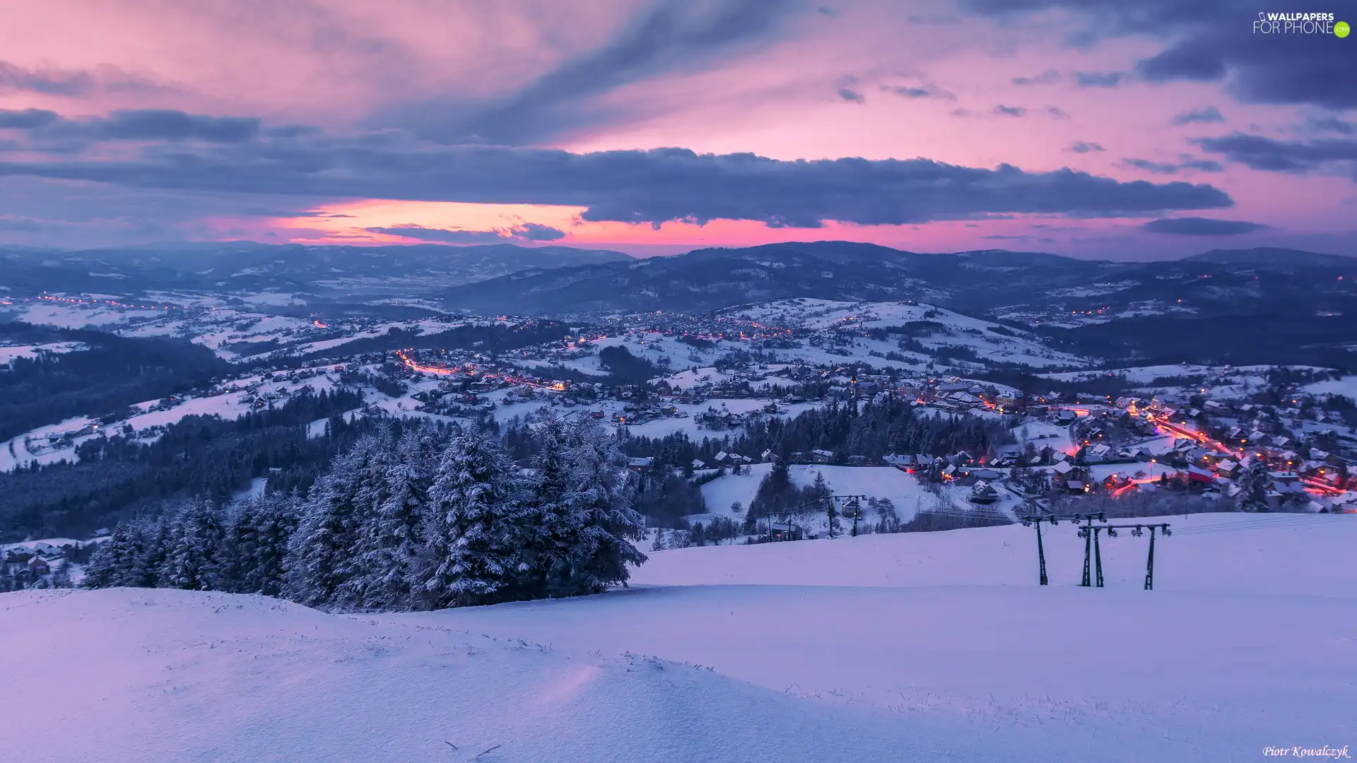 Town, Great Sunsets, viewes, Mountains, winter, trees, Poland