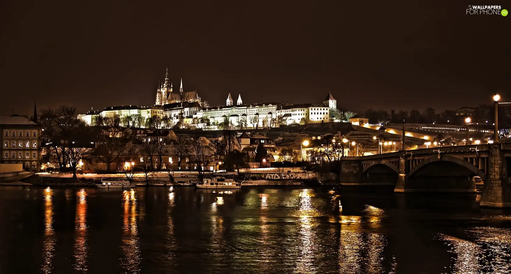 Prague, Czech Republic, River, Castle, Night