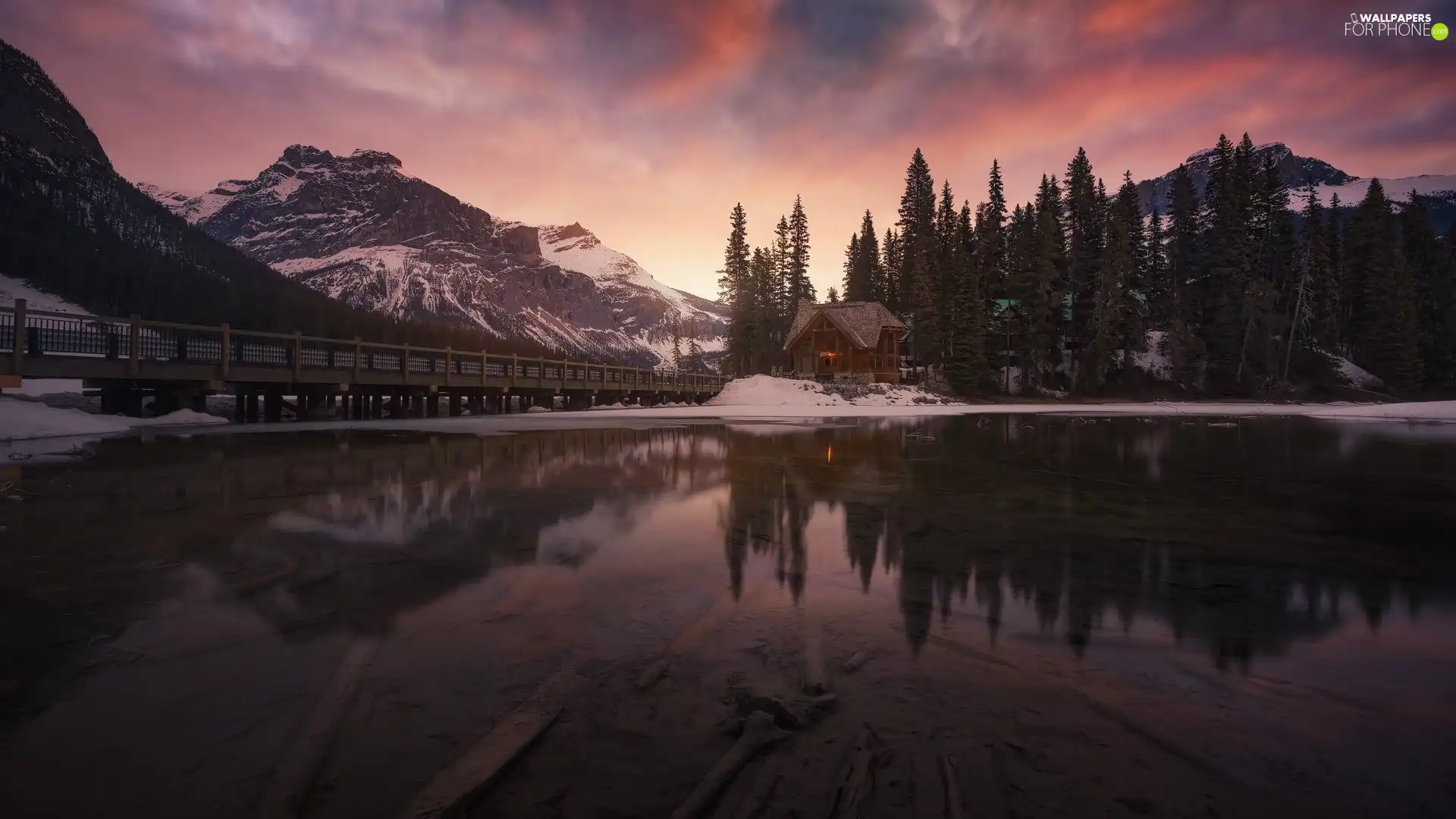 viewes, trees, clouds, lake, bridge, Province of British Columbia, Mountains, Yoho National Park, Canada, Emerald Lake, house, winter