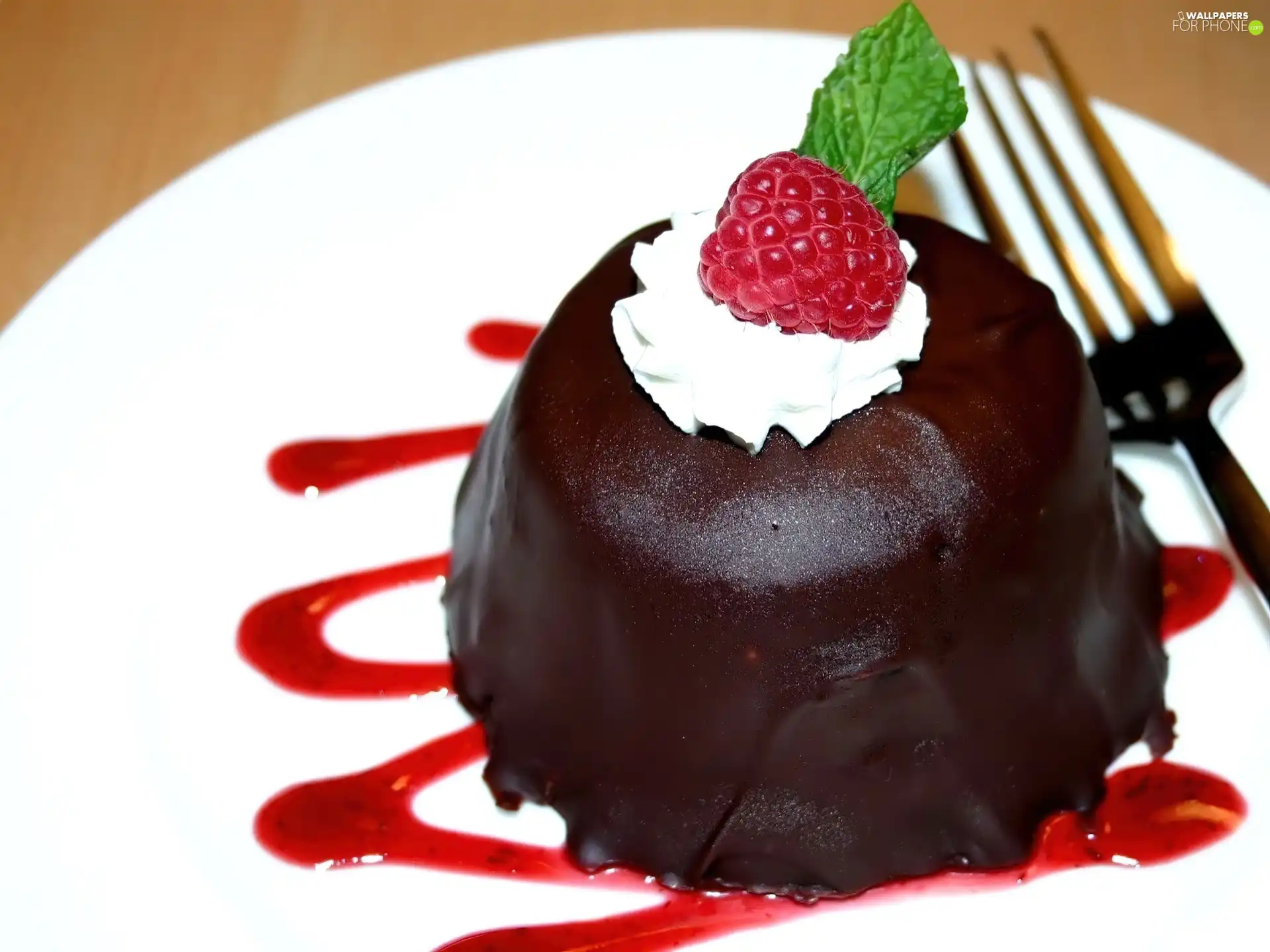 raspberry, fork, chocolate, cream, dessert