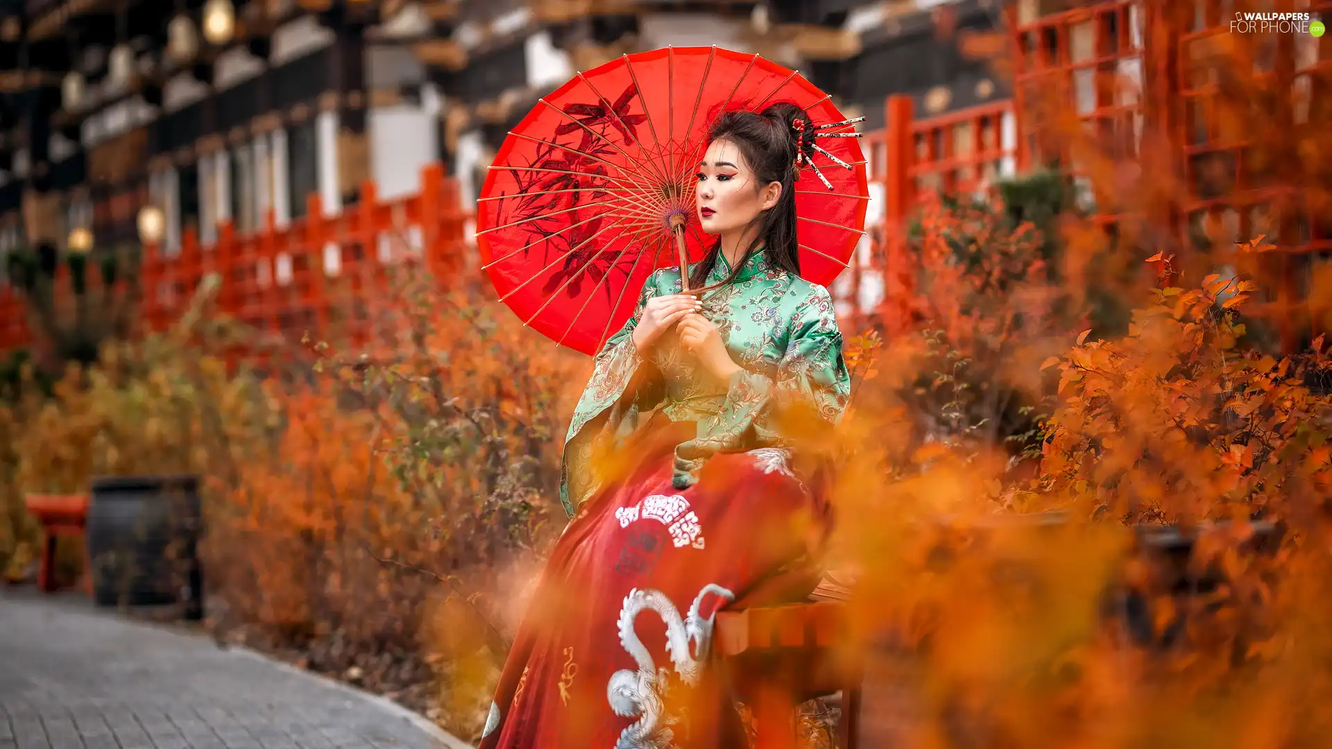 Women, red hot, umbrella, Asian