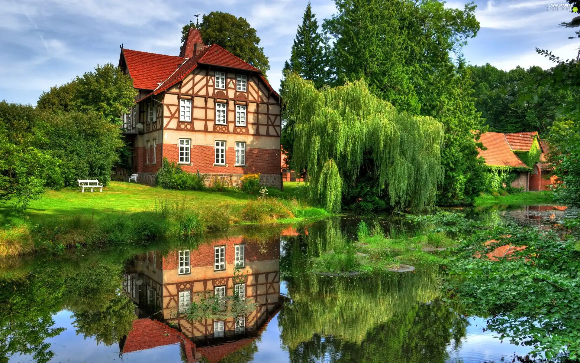 reflection, Pond - car, Garden, lake, Houses