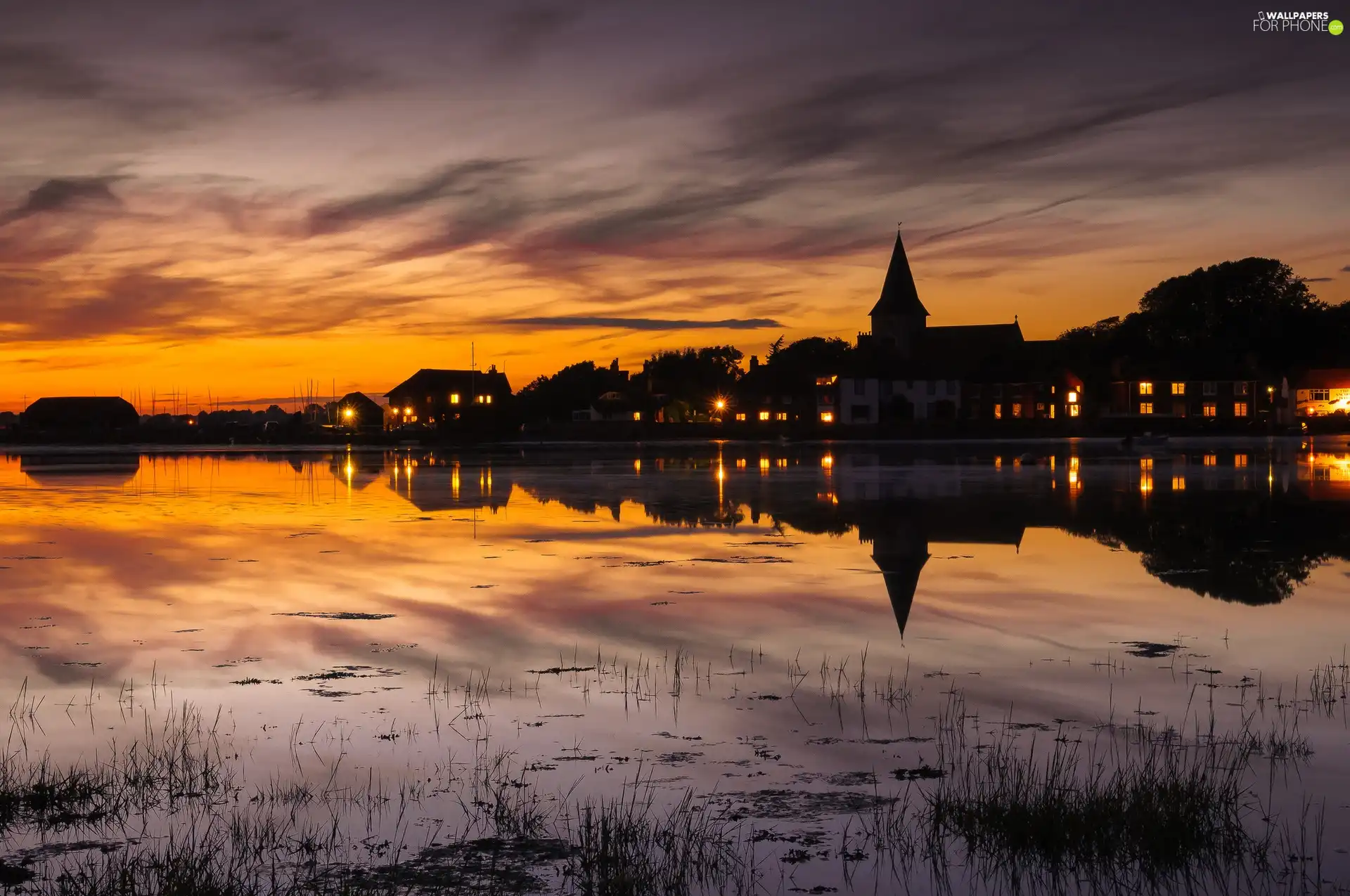 Houses, lake, reflection, twilight