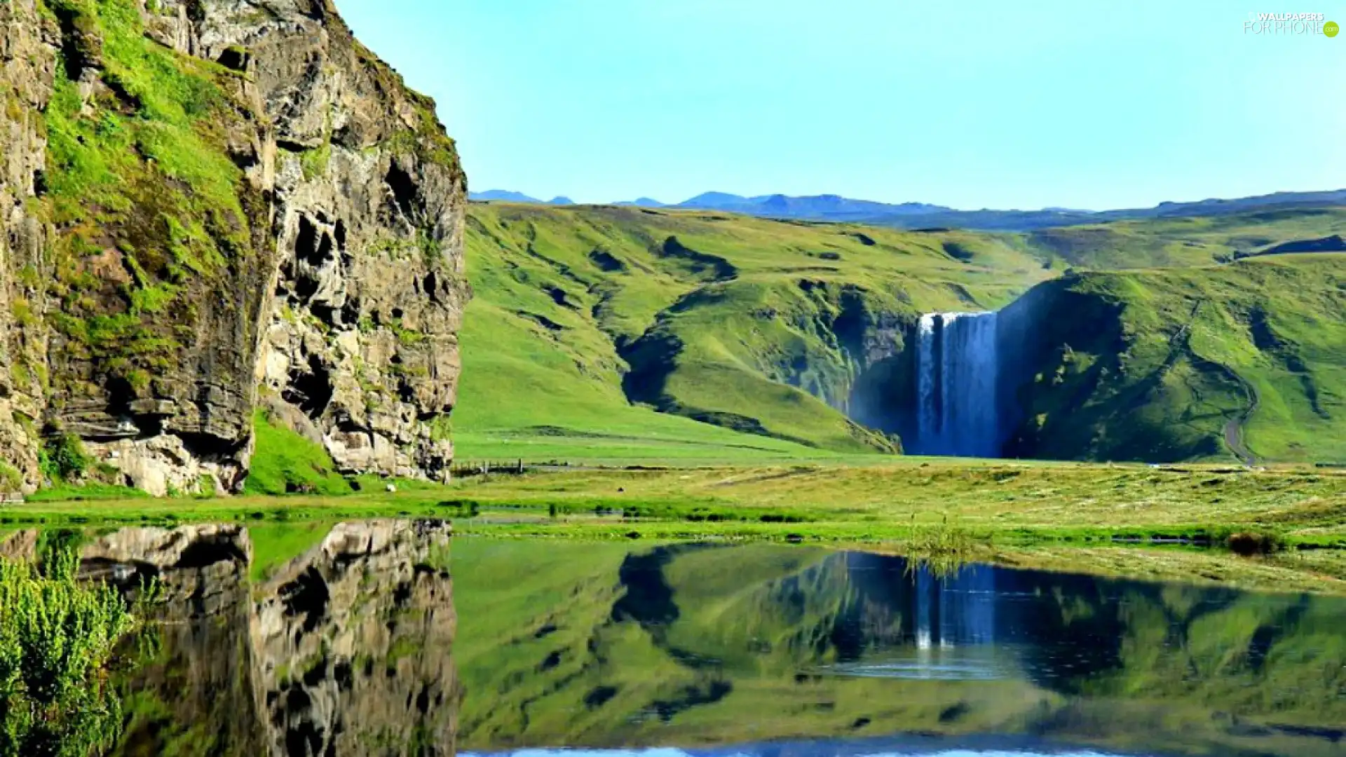 reflection, waterfall, lake