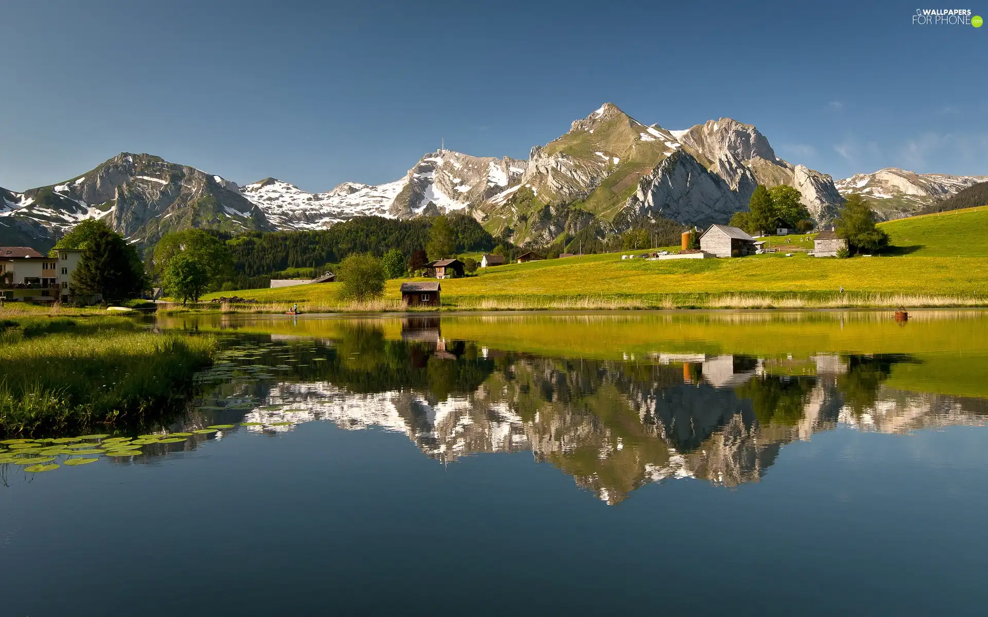 Mountains, Houses, reflection, lake