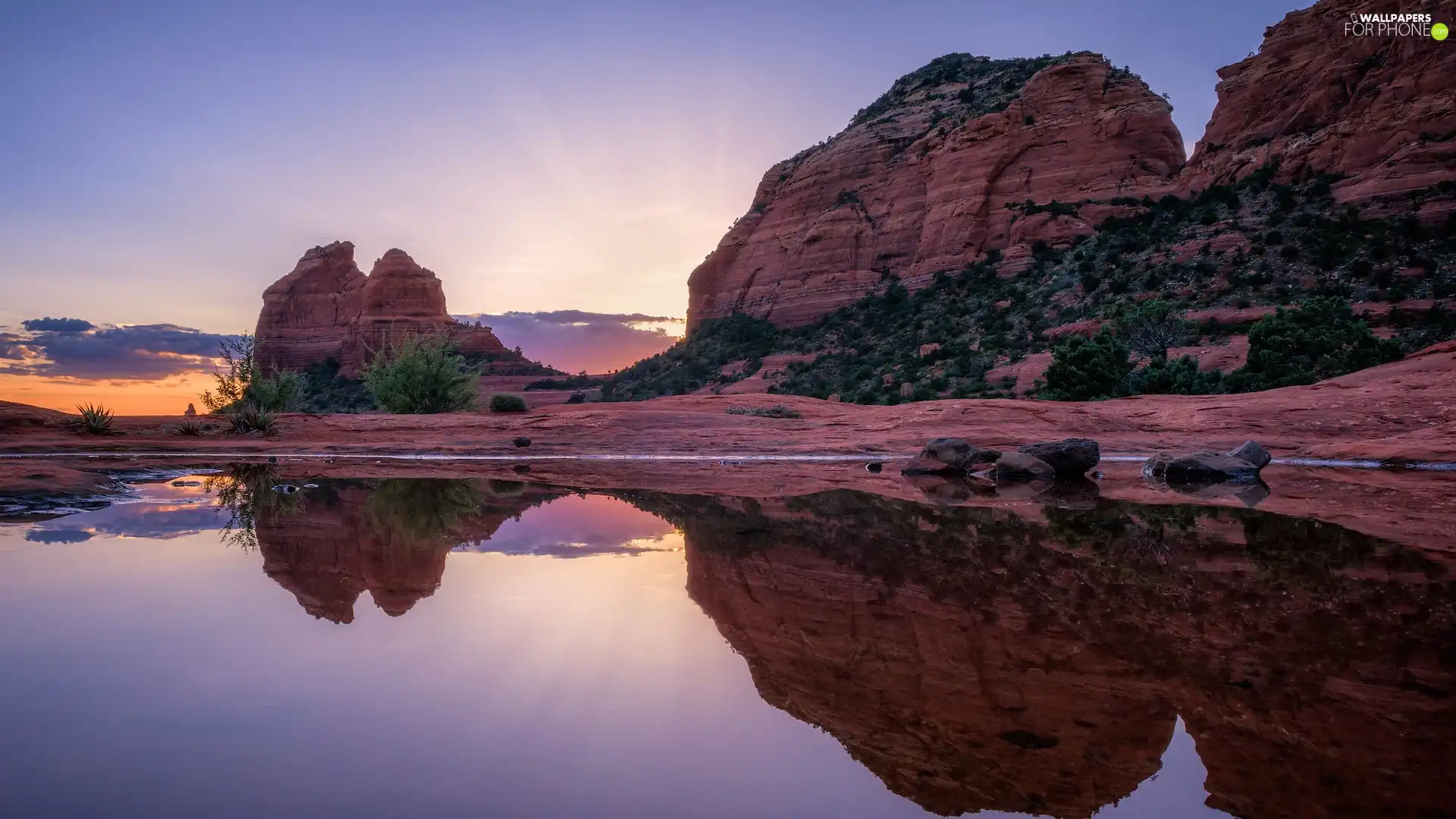 reflection, rocks, Arizona, puddle, Great Sunsets, Sedona, The United States