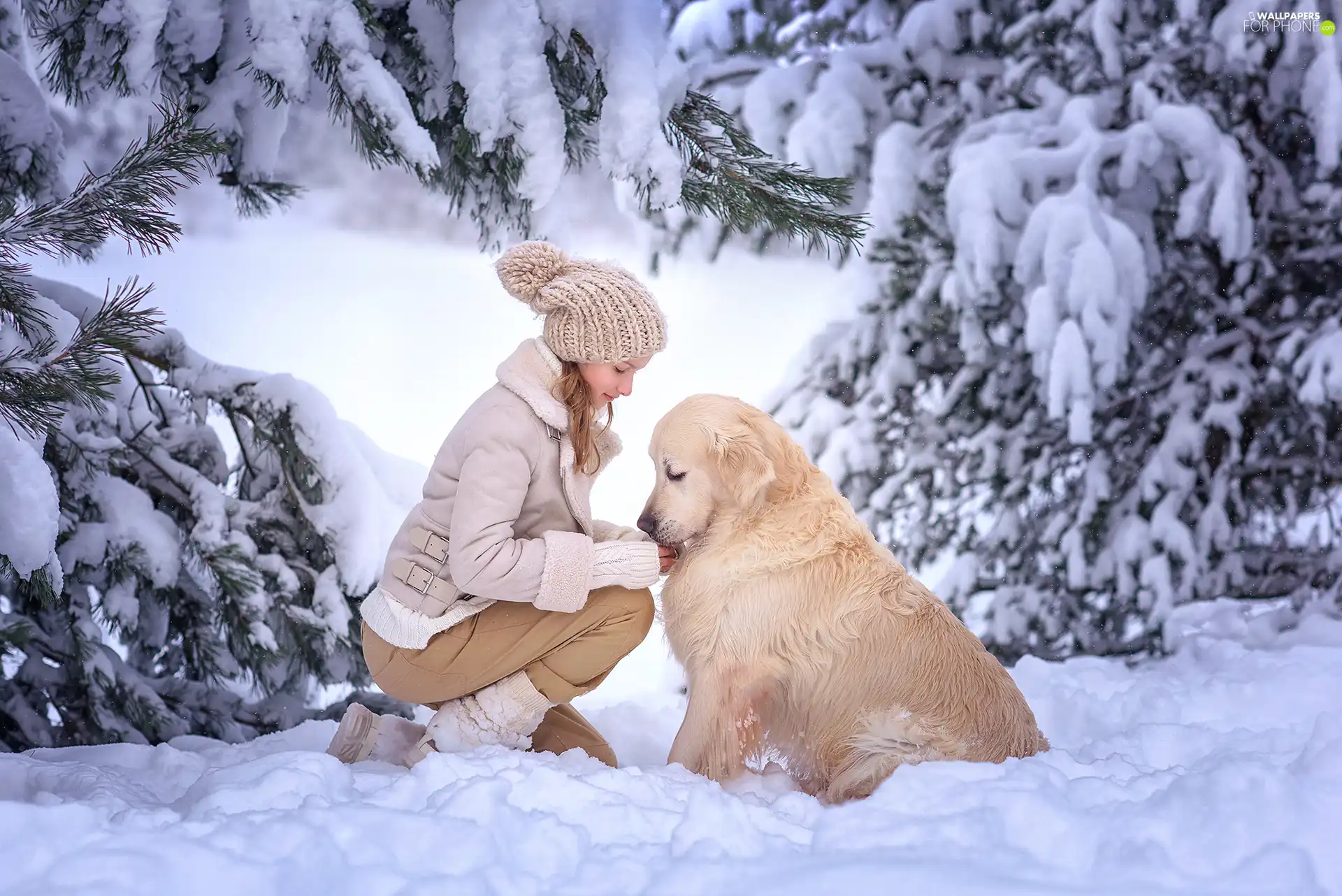 snow, trees, dog, viewes, winter, girl, Golden Retriever