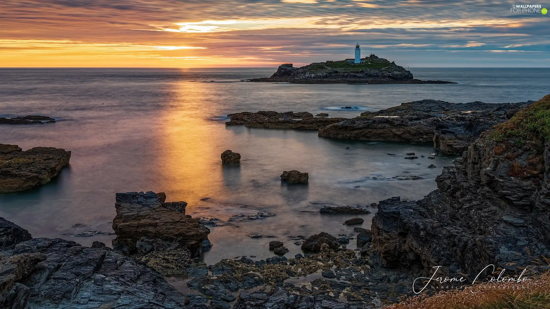 Godrevy Lighthouse, England, rocks, sea, Great Sunsets