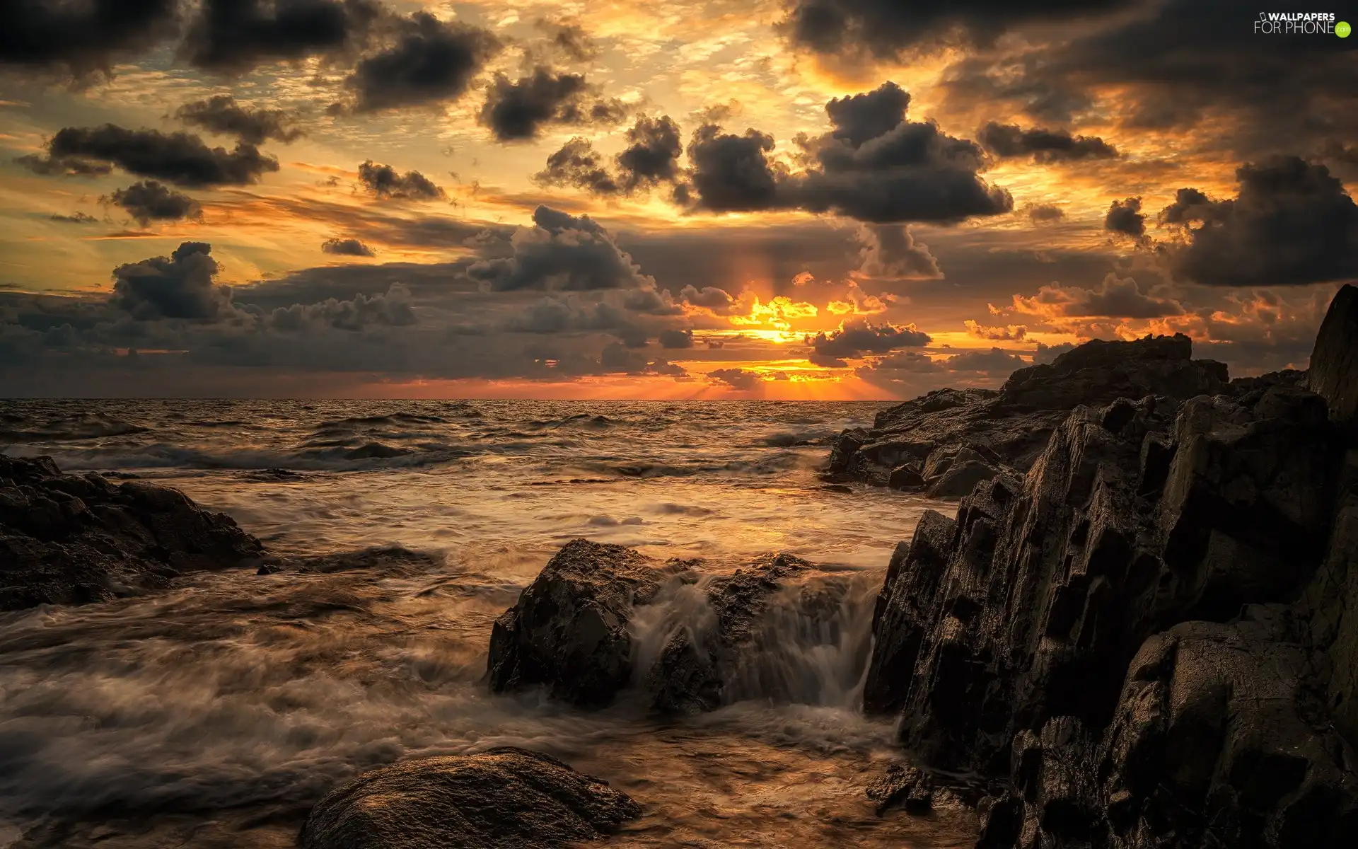 clouds, sea, Rocks, Great Sunsets