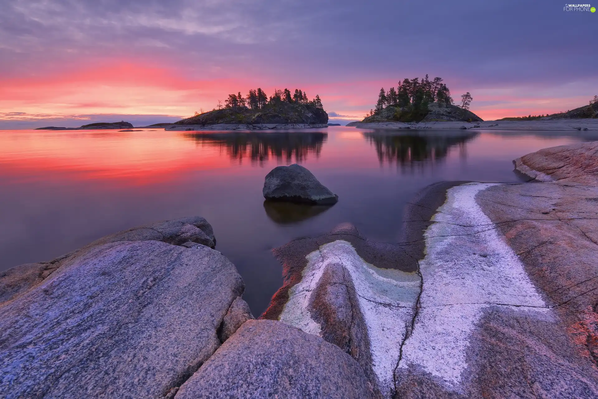 rocks, Sunrise, trees, viewes, Karelia, Russia, Stone, Lake Ladoga, Islets