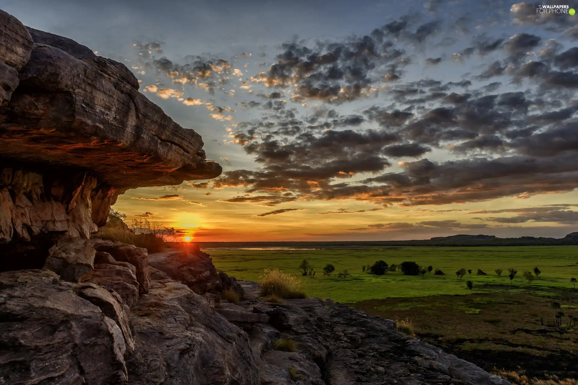 trees, viewes, clouds, rocks, Great Sunsets