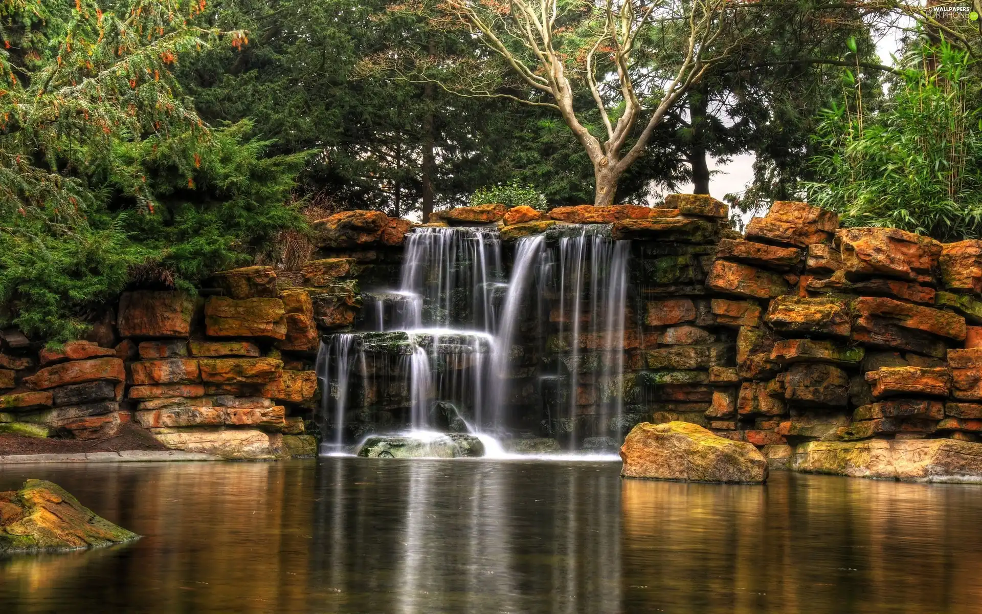 waterfall, viewes, rocks, trees
