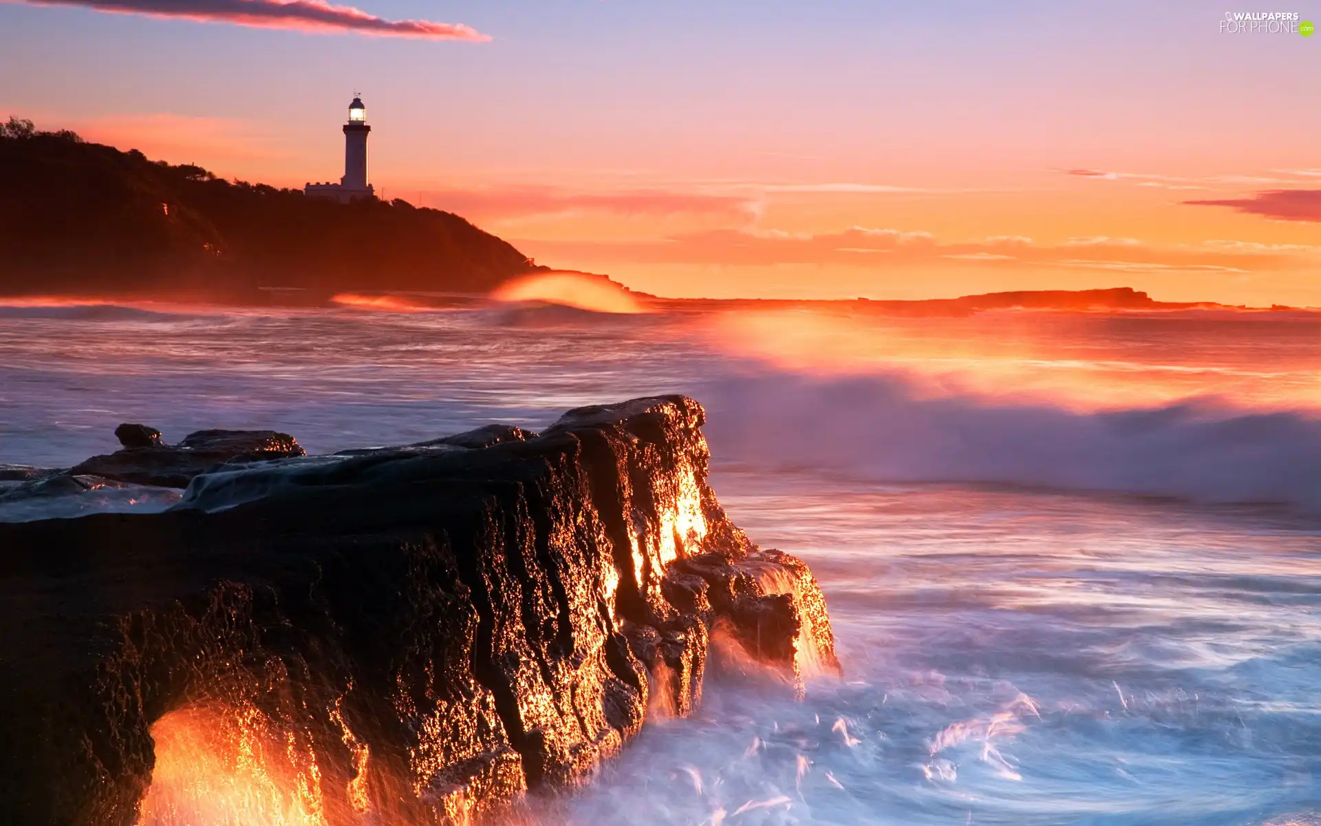 rays, maritime, sea, sun, Lighthouse, rocks, Waves