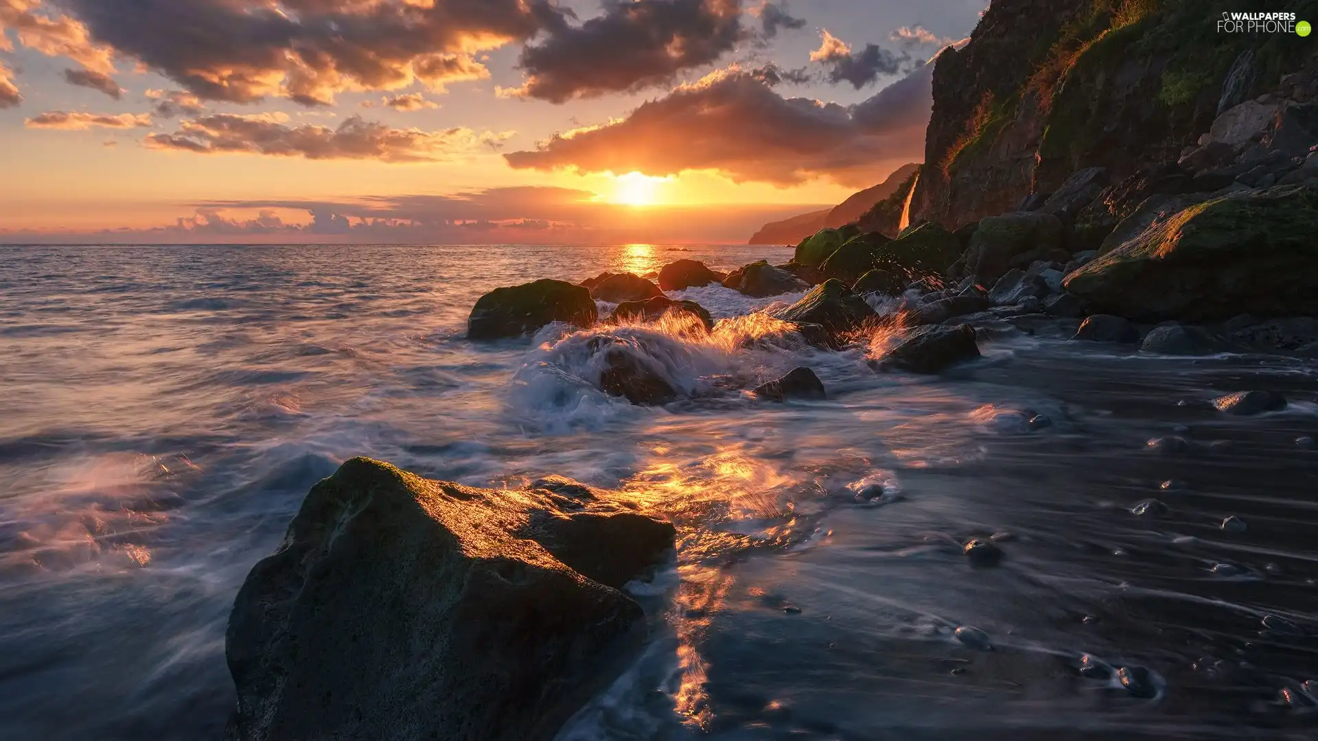 Great Sunsets, clouds, sea, rocks, Coast