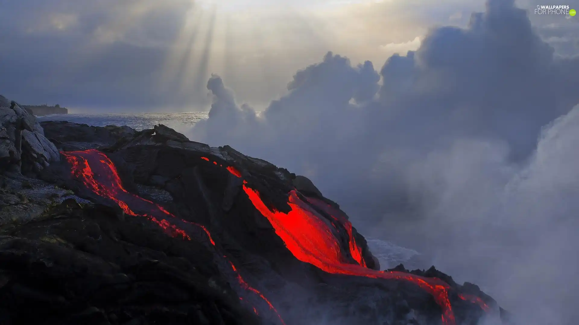 volcano, smoke, sea, Lava