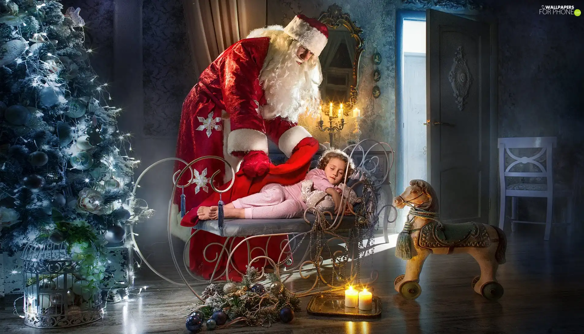 christmas tree, Santa, sea-horse, toy, candles, sleigh, White Bed, dream, girl, headdress, teddy bear