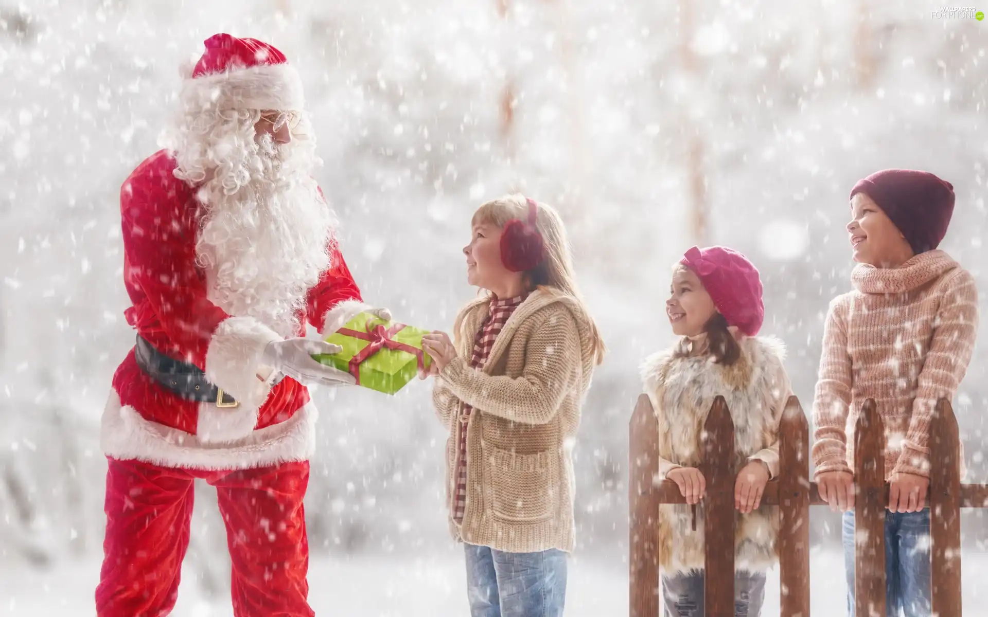 winter, Present, joy, Fance, Smiles, Kids, Santa, snow
