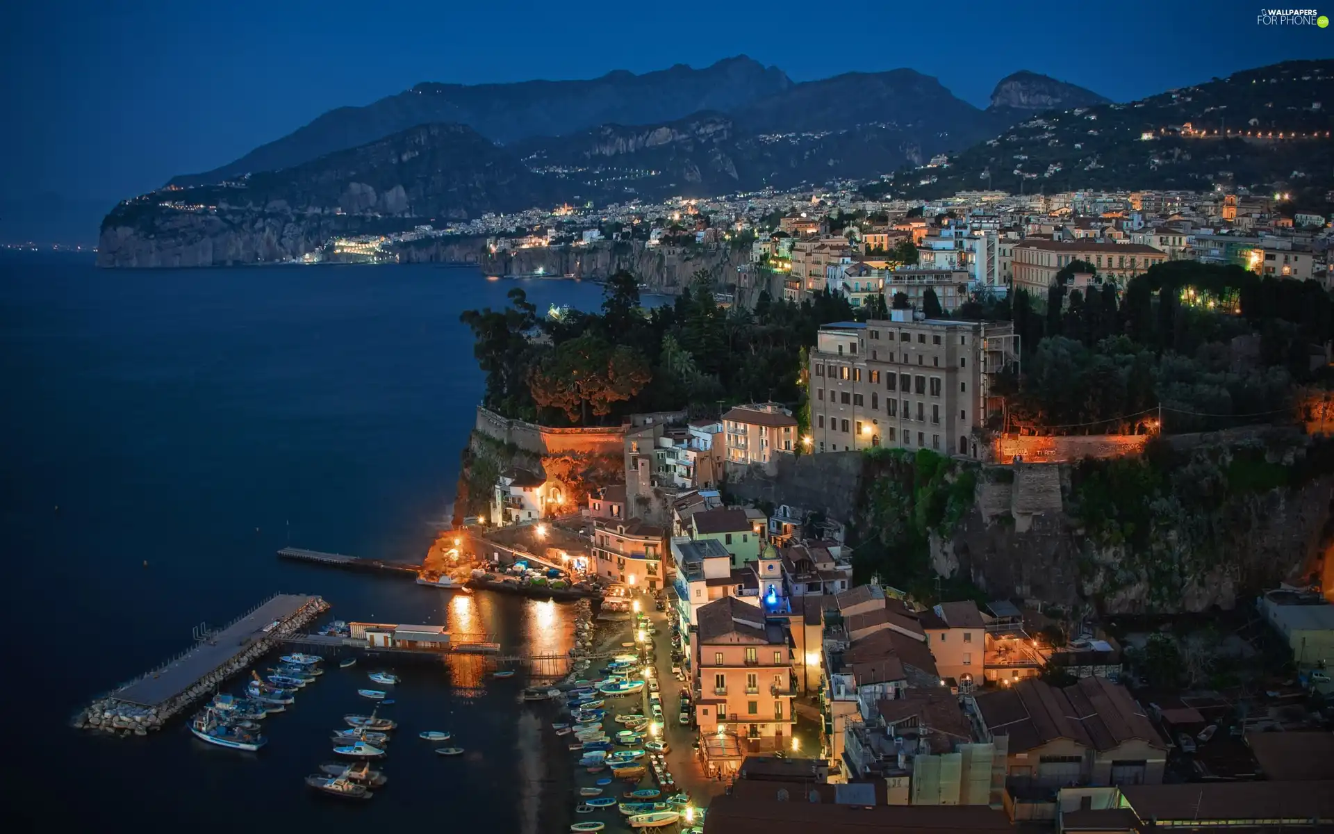 sea, Town, City at Night, Sorrento, Italy, Sky, port