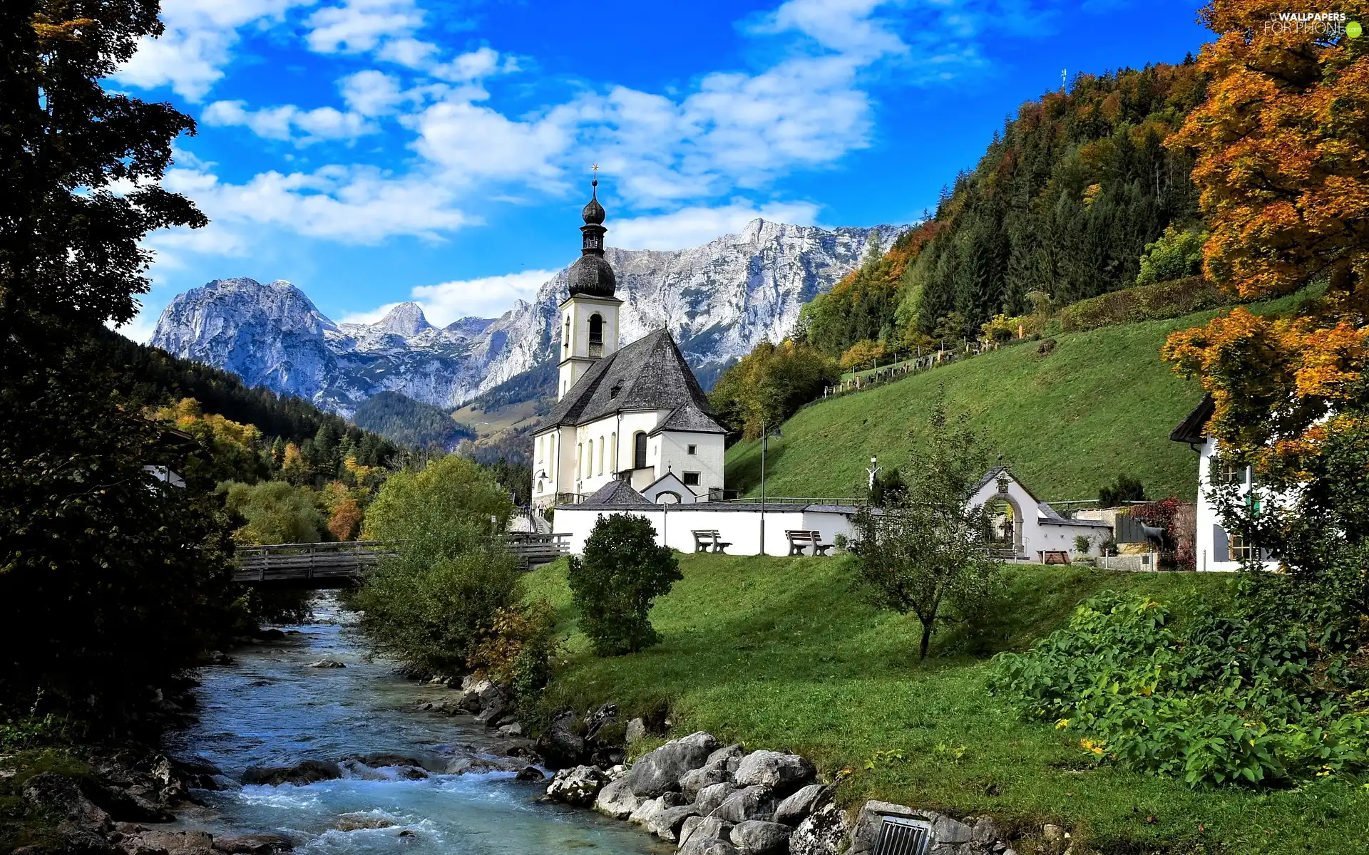 Ramsau bei Berchtesgaden, Church of St. Sebastian, Germany, River Ramsauer Ache, Bavaria, Berchtesgaden National Park, Alps Mountains, bridge