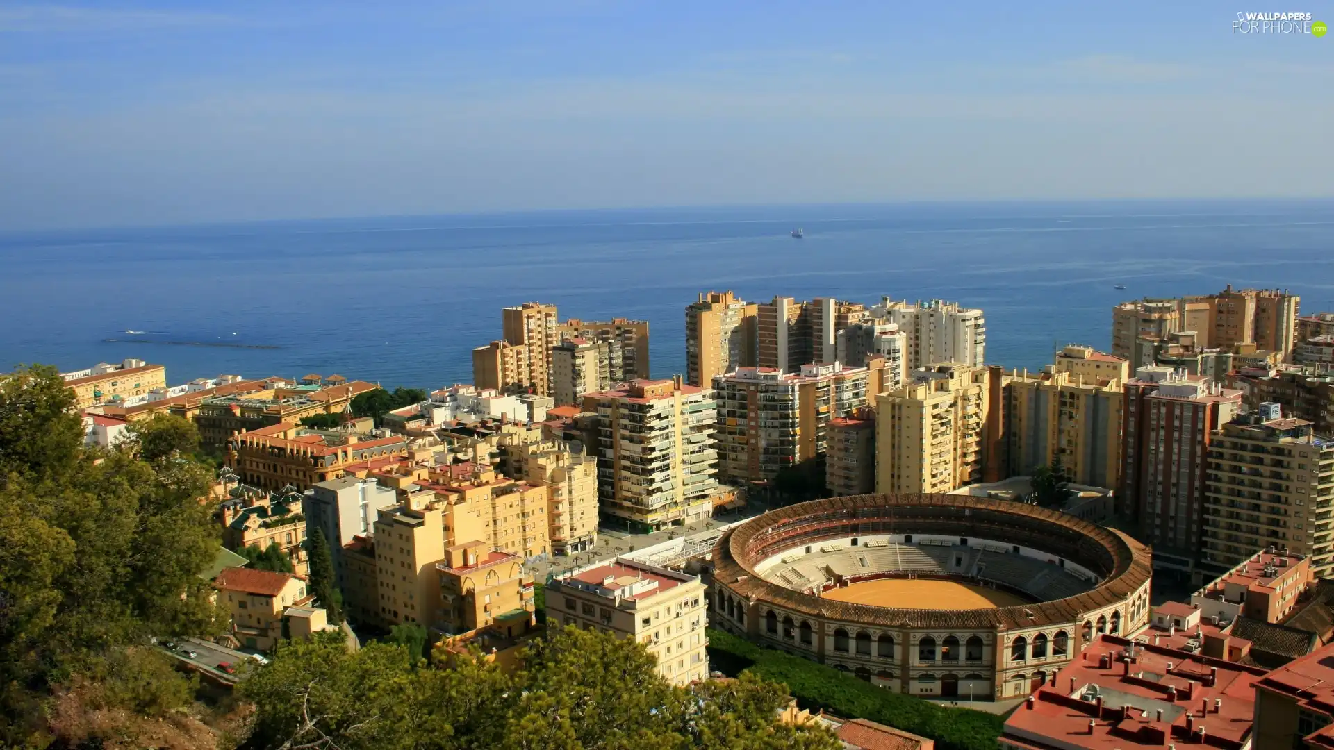 Stadium, sea, Malaga, Town, Spain