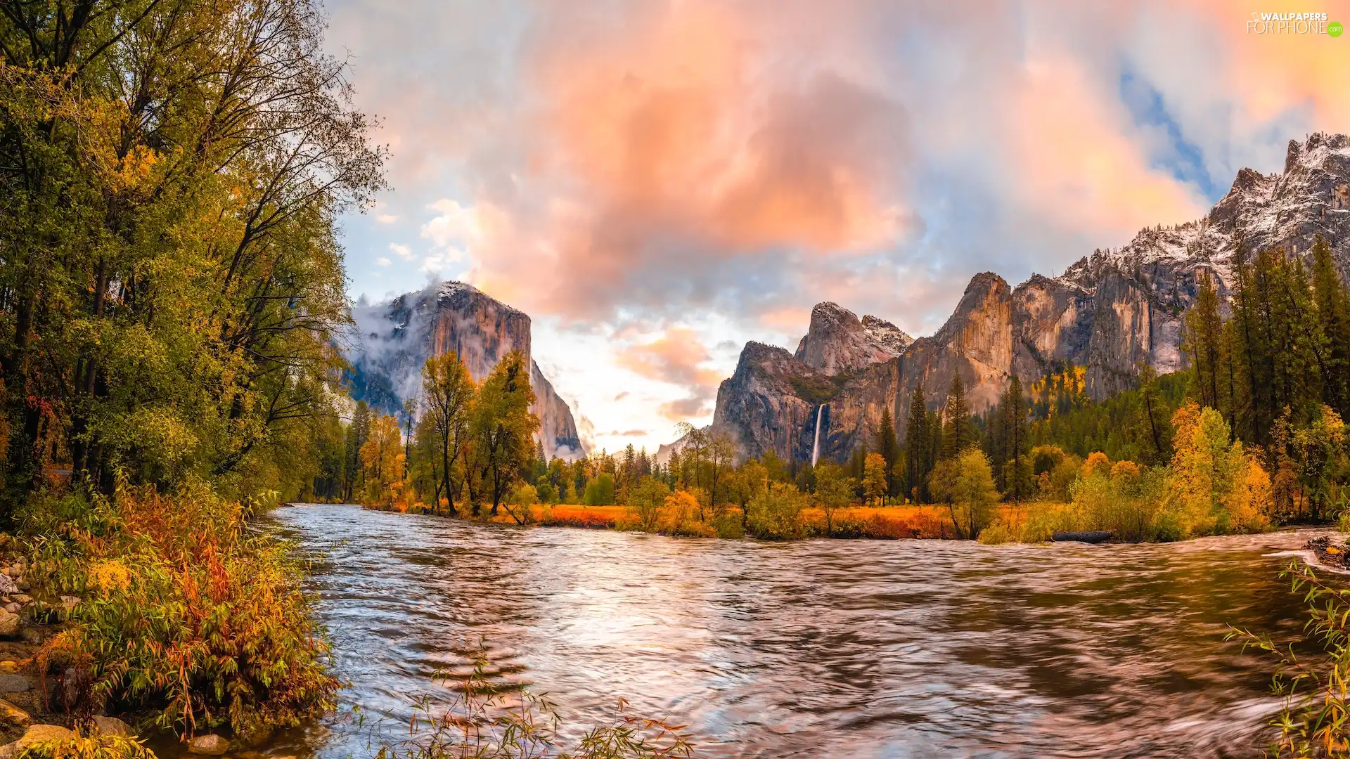 California, The United States, Yosemite National Park, Mountains, viewes, rocks, autumn, trees, River