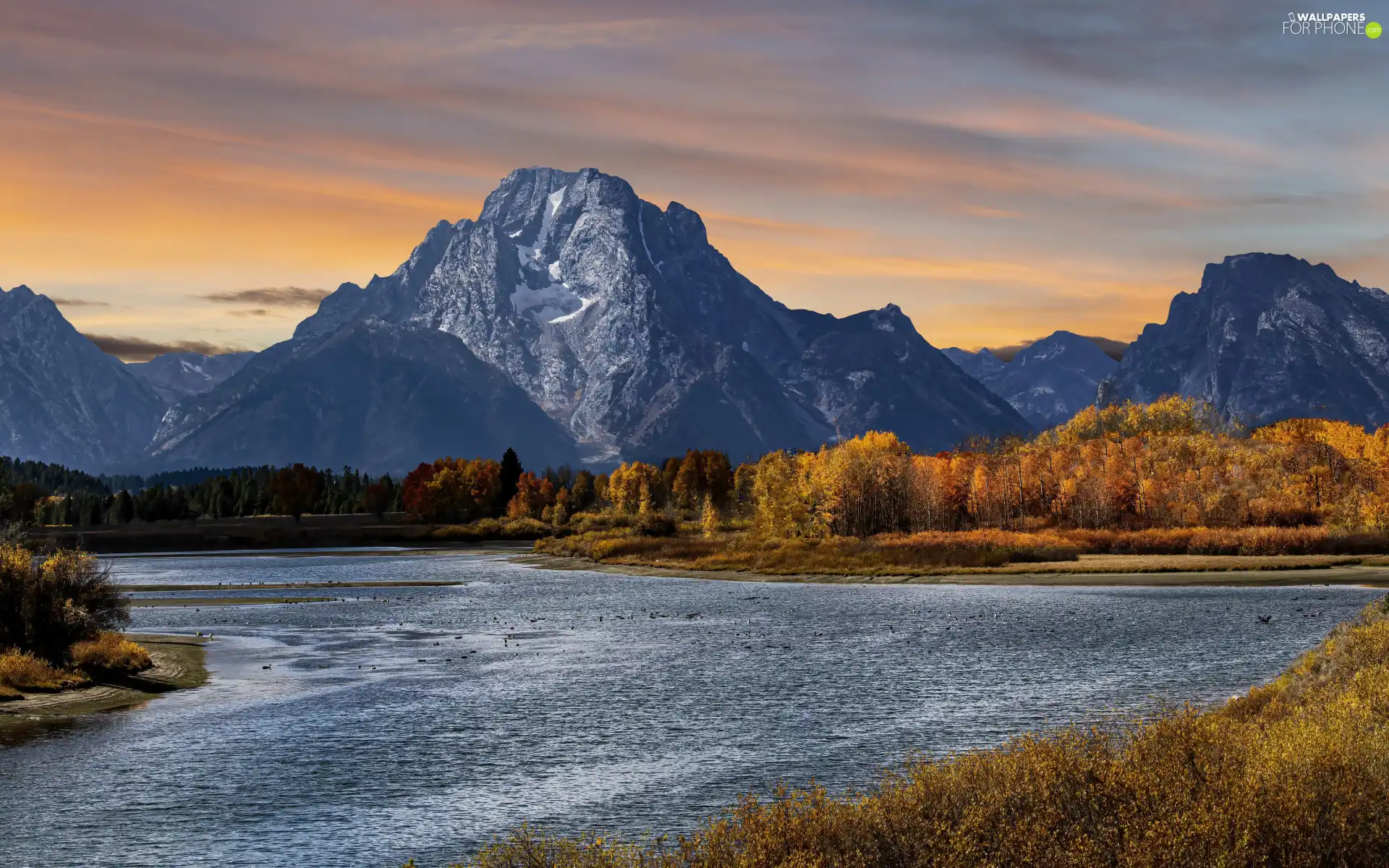 State of Wyoming, The United States, autumn, Grand Teton National Park, trees, viewes, Mountains, Mount Moran, Snake River