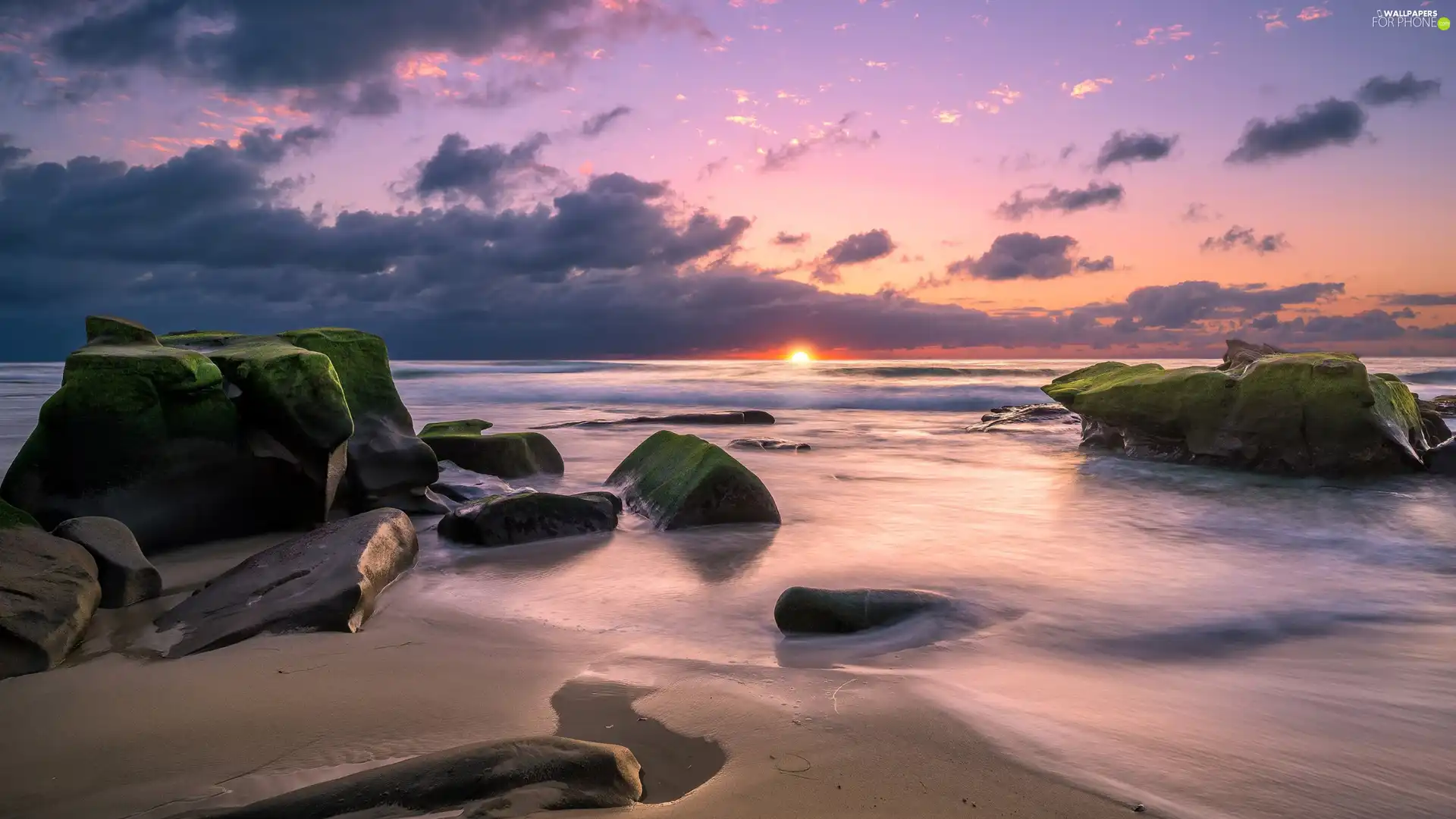 rocks, Beaches, boulders, Great Sunsets, sea, mossy, Stones