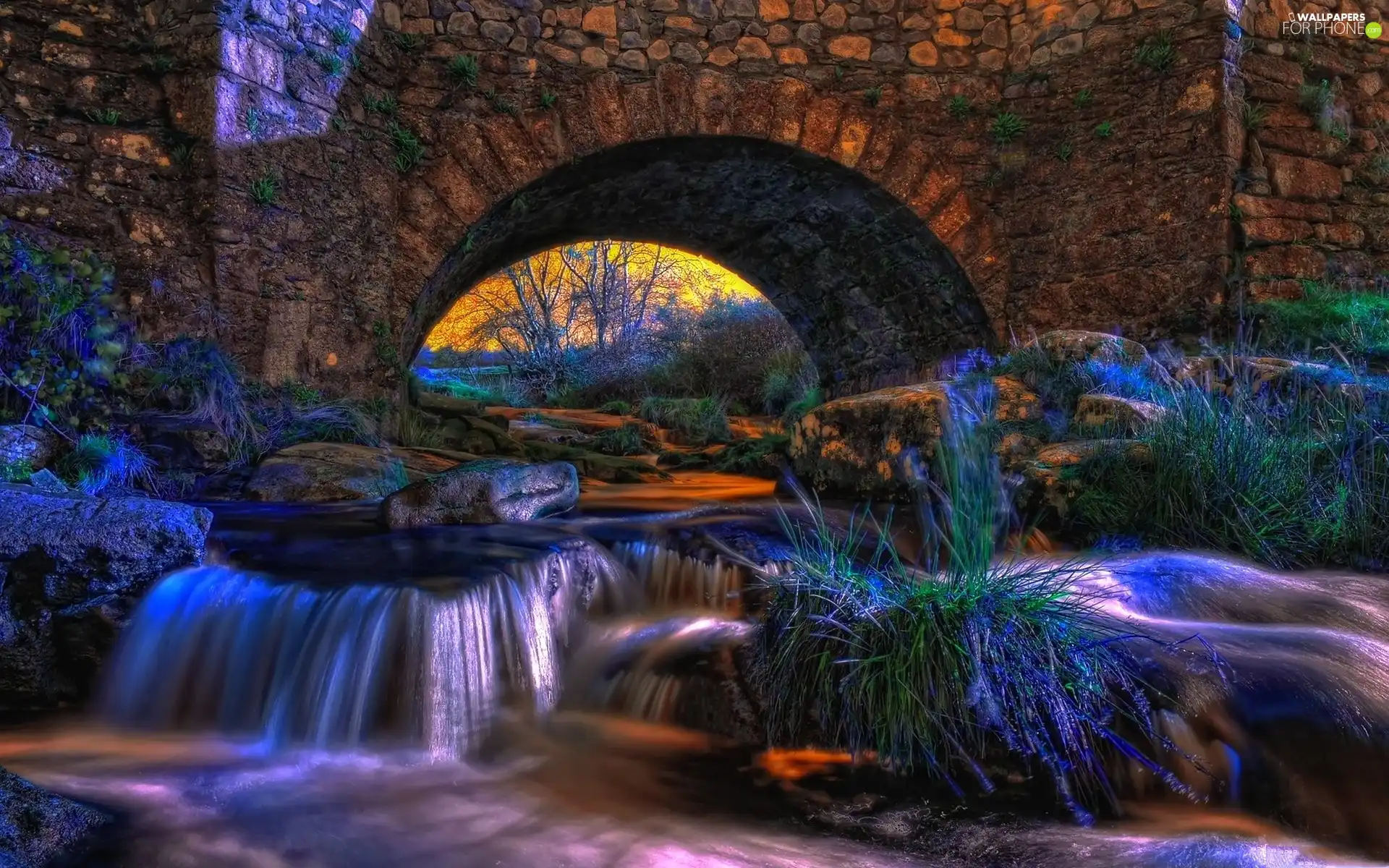 River, stone, sun, grass, rays, bridge