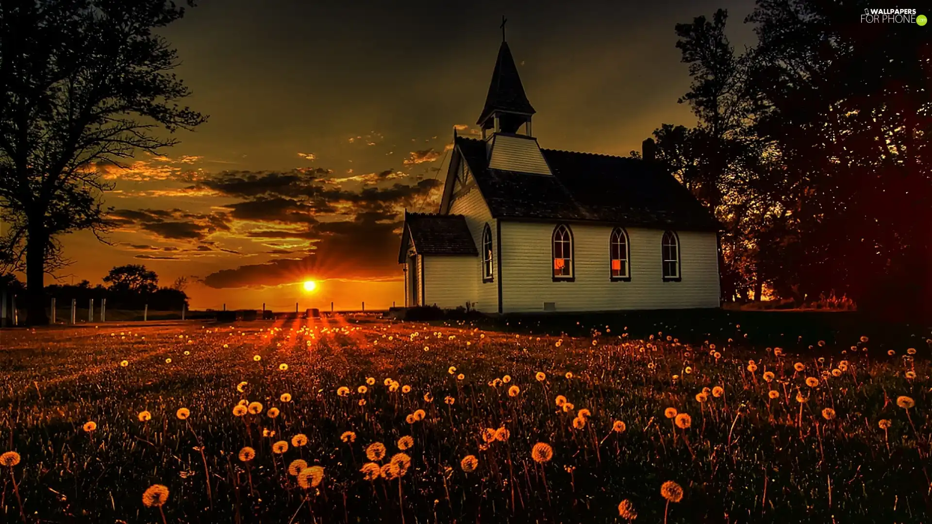 Meadow, west, sun, Church