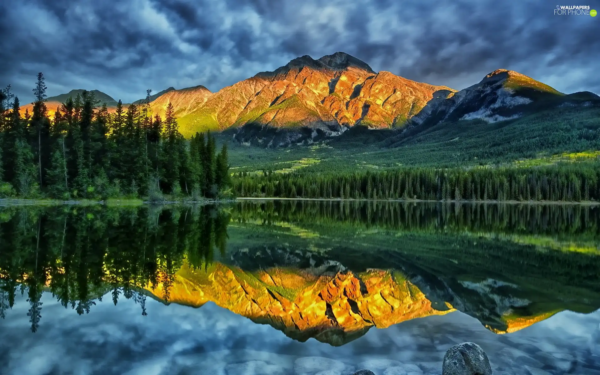 woods, Mountains, sun, reflection, lake, clouds