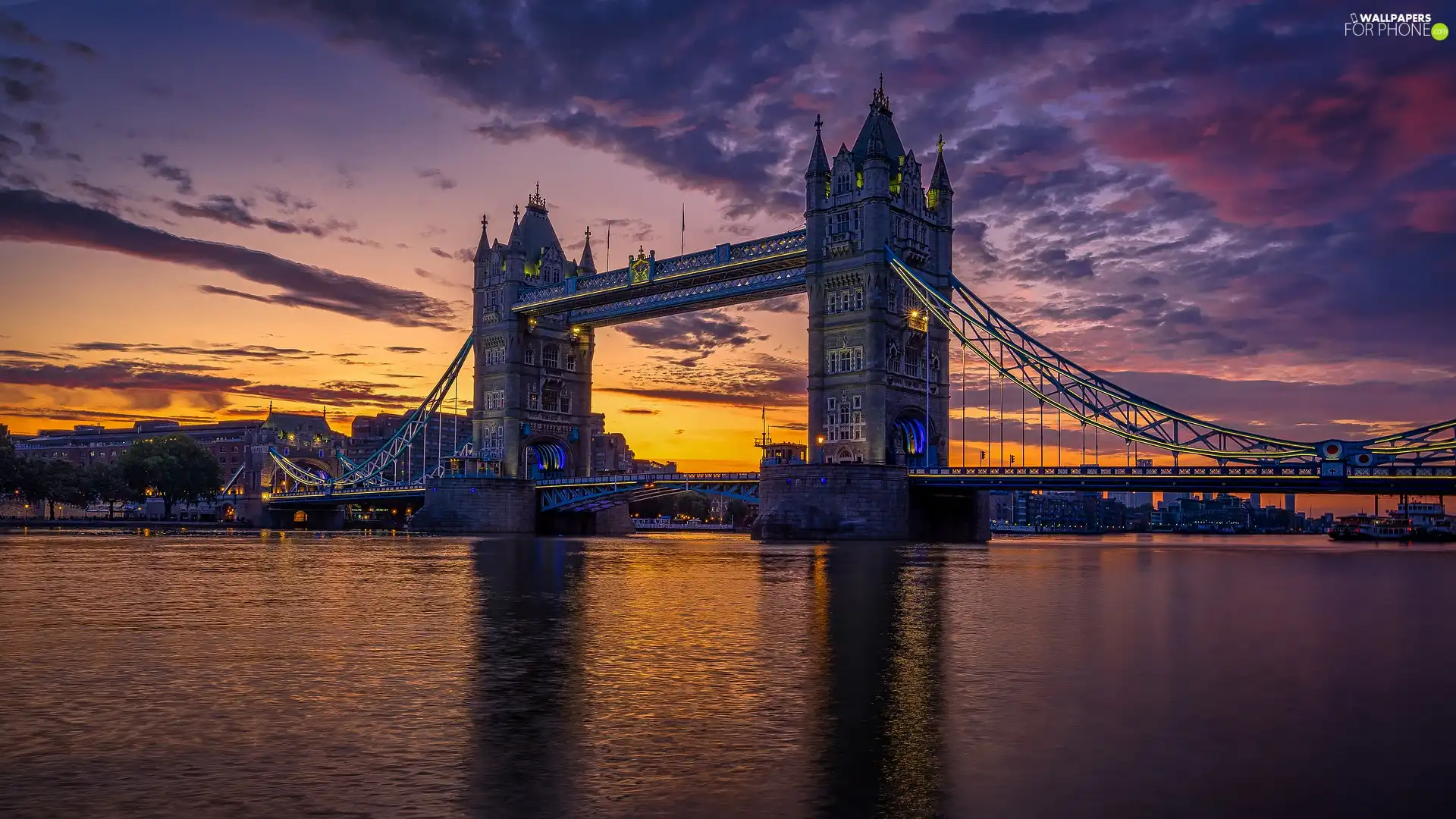 London, England, River Thames, bridge, clouds, Sunrise, bench, lanterns, Tower Bridge